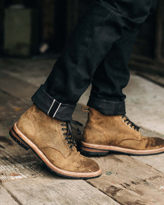 fit model wearing The Trench Boot in Golden Brown Waxed Suede