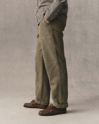 fit model posing in The Breakwater Pant in Cypress Sashiko