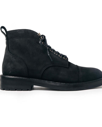 material shot of the side of The Moto Boot in Black Weatherproof Nubuck