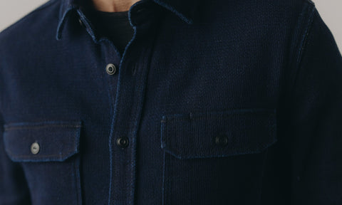 fit model posing in The Division Shirt in Rinsed Indigo Sashiko