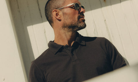 Model wearing The Cotton Hemp Polo in Washed Asphalt