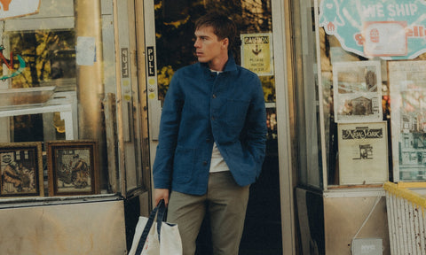 fit model showing off The Ojai Jacket in French Blue Moleskin