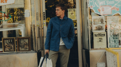 fit model showing off The Ojai Jacket in French Blue Moleskin