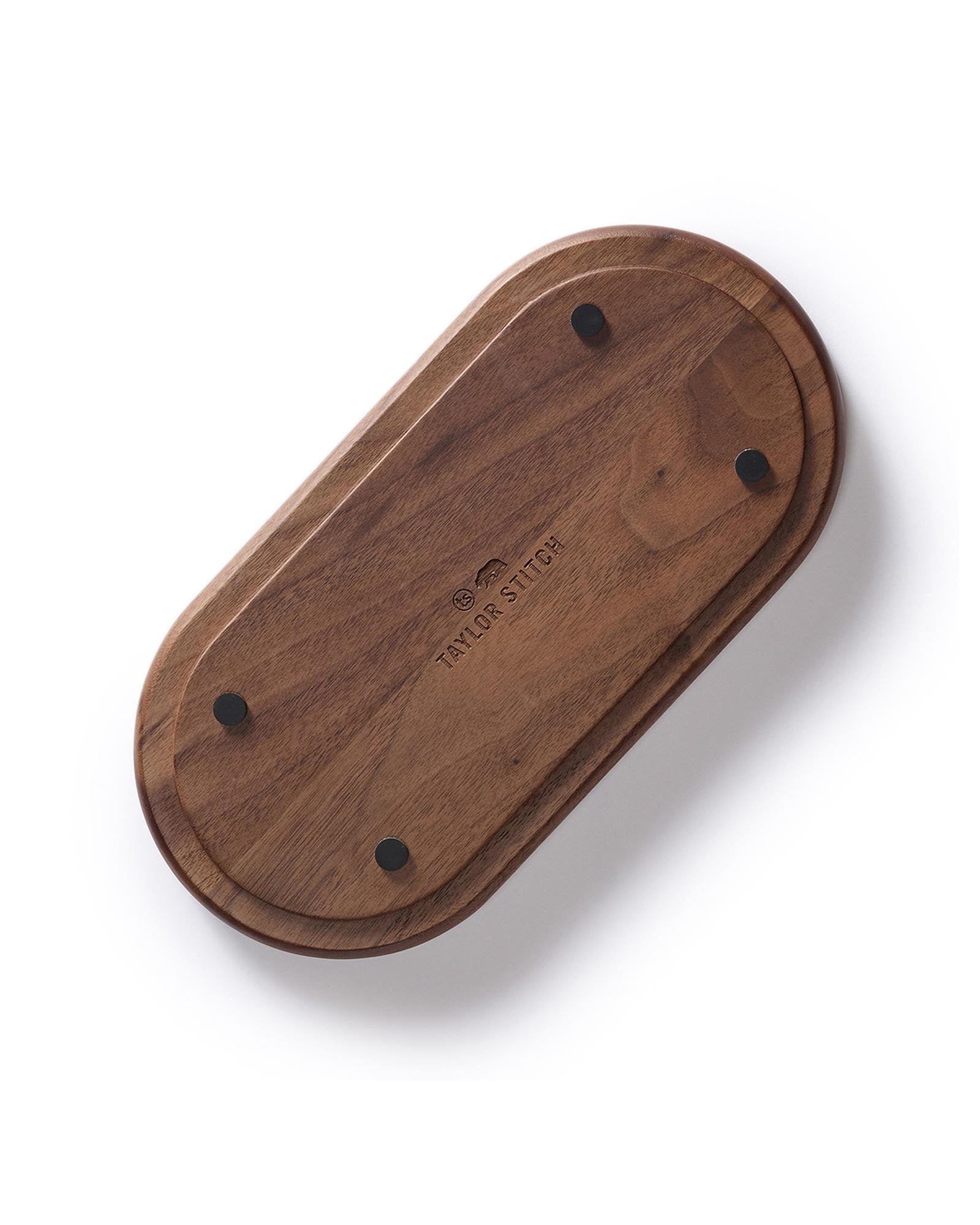 flatlay of The Valet Tray in Walnut and Brass, from the bottom, Accessories by Taylor Stitch