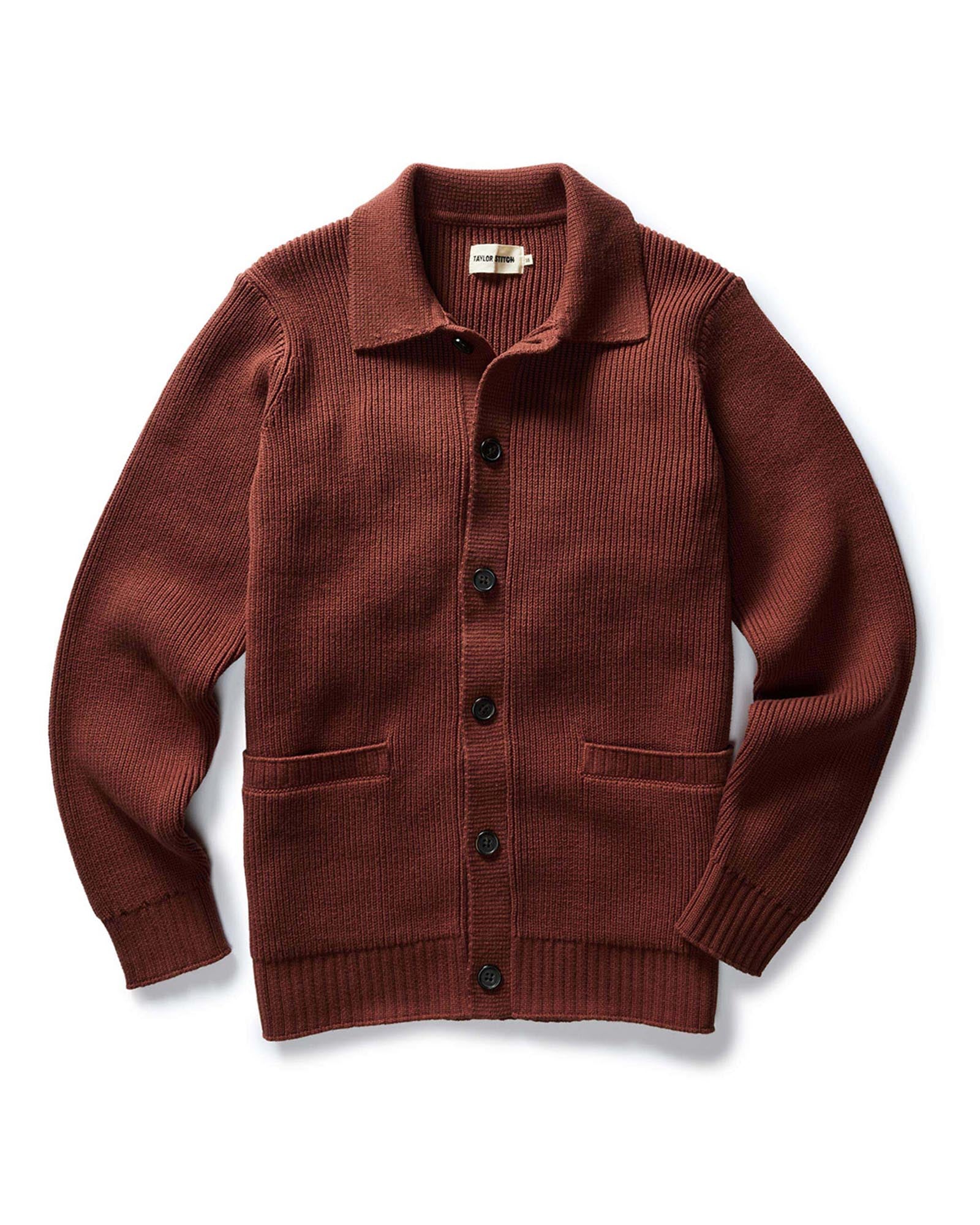 flatlay of The Harbor Sweater Jacket in Mahogany, Knits by Taylor Stitch