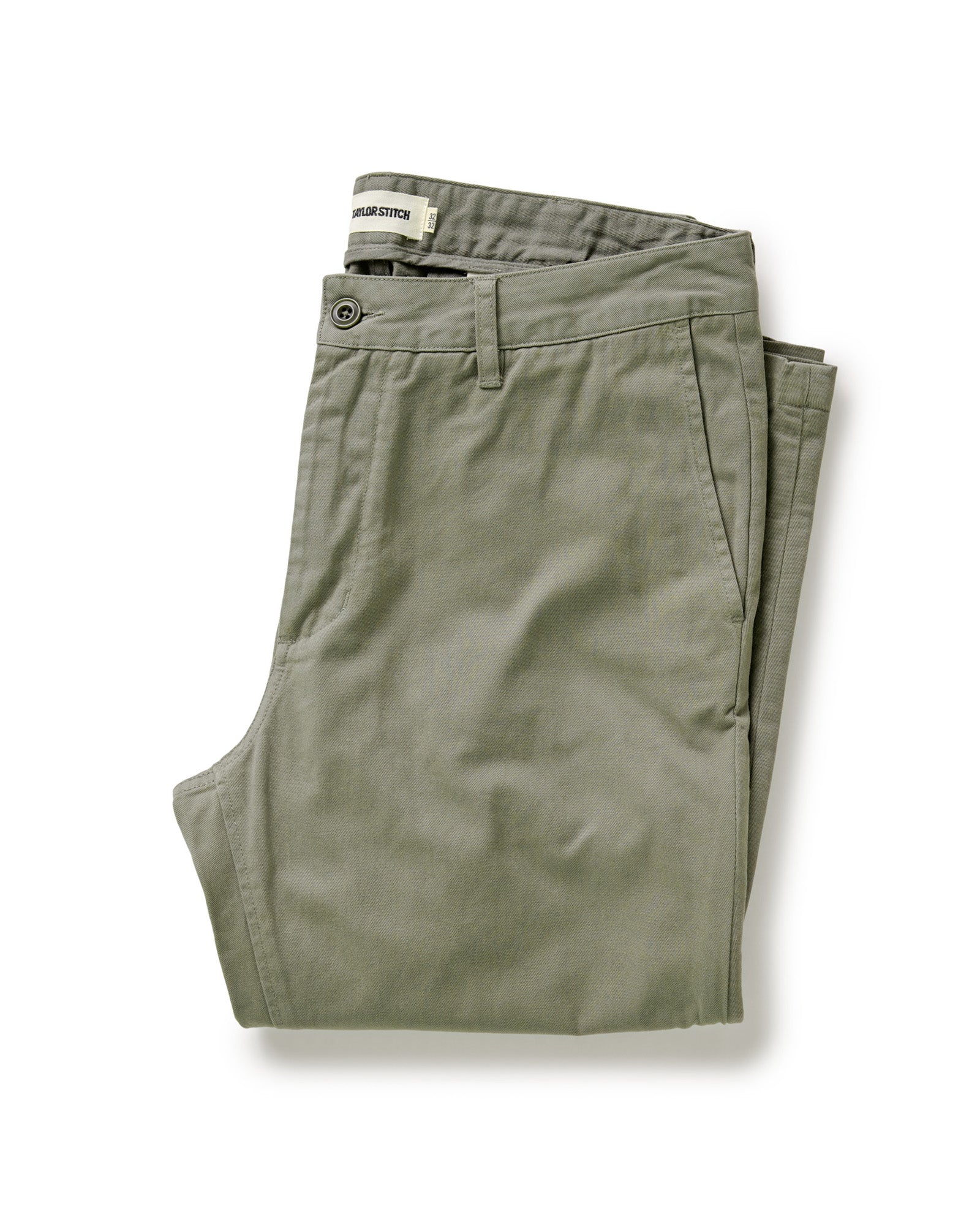 folded flatlay of The Slim Foundation Pant in Organic Smoked Olive, Bottoms by Taylor Stitch