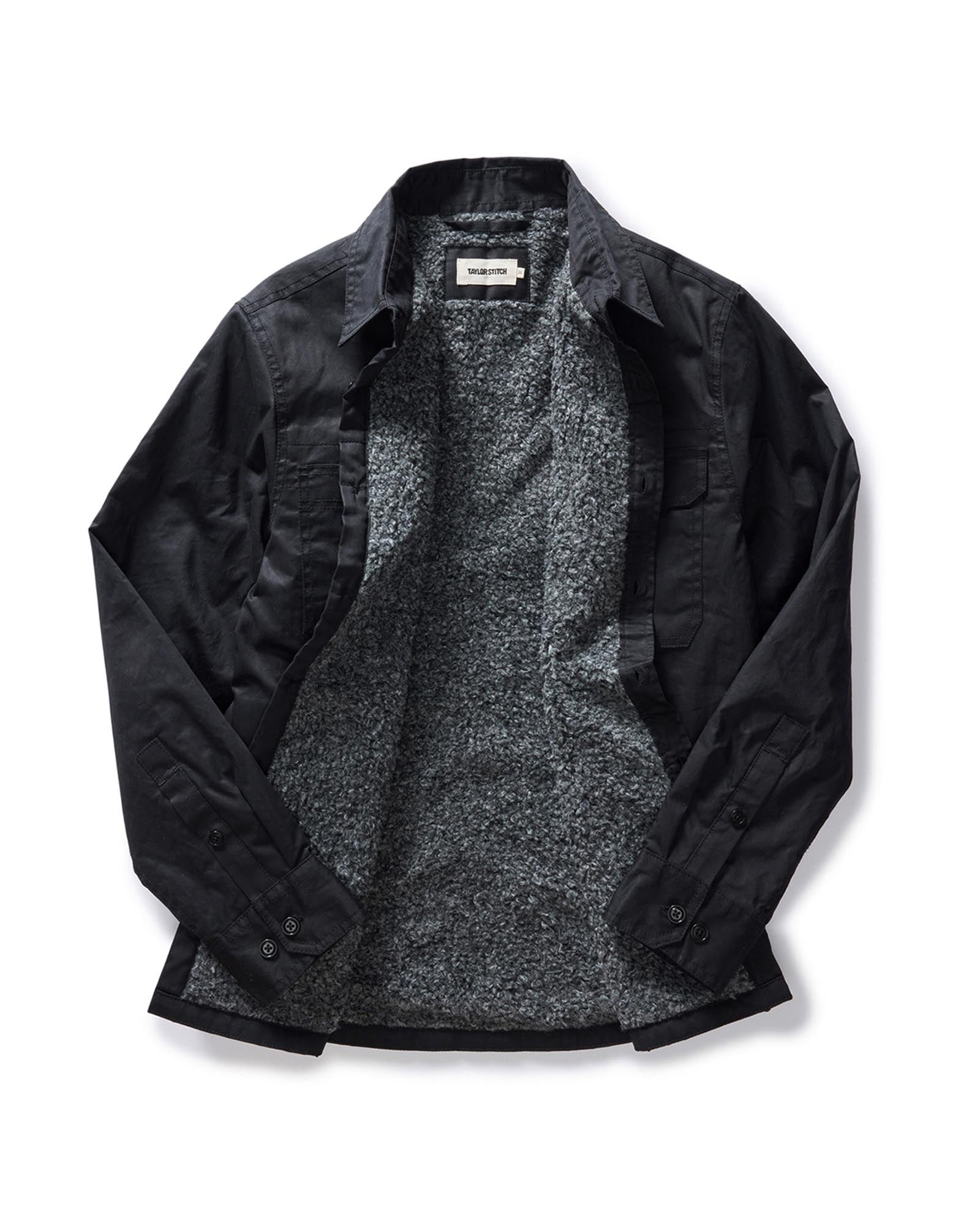 flatlay of the inside of The Fender Jacket in Coal Dry Wax, Outerwear by Taylor Stitch