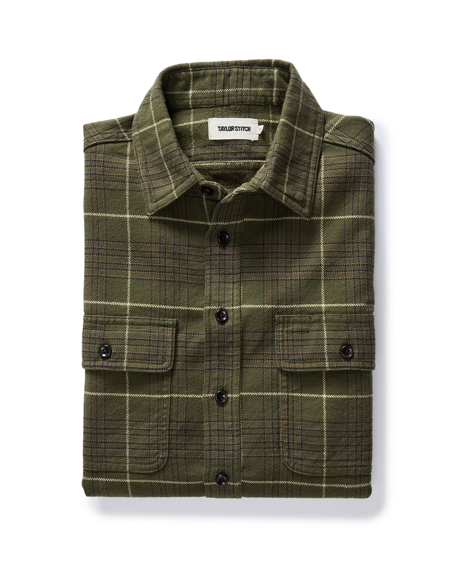 folded flatlay of The Ledge Shirt in Olive Plaid, Wovens by Taylor Stitch