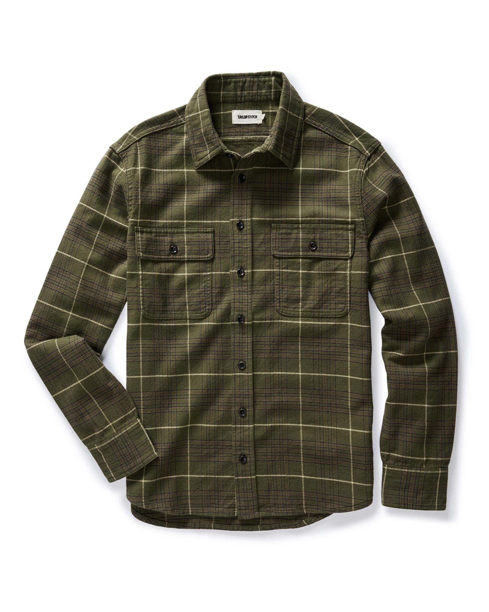 flatlay of The Ledge Shirt in Olive Plaid, Wovens by Taylor Stitch