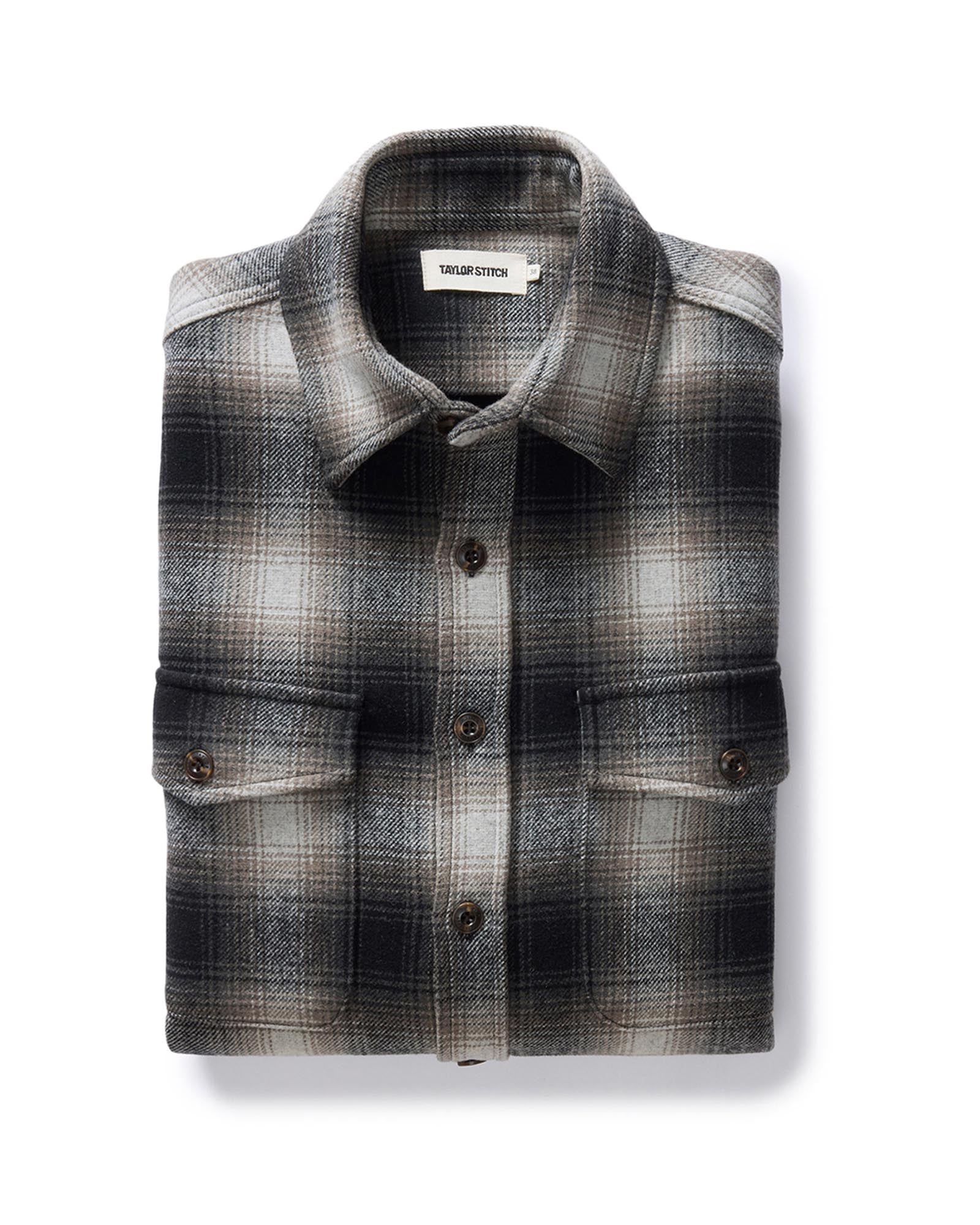 folded flatlay of The Maritime Shirt Jacket in Olive Plaid, Wovens by Taylor Stitch