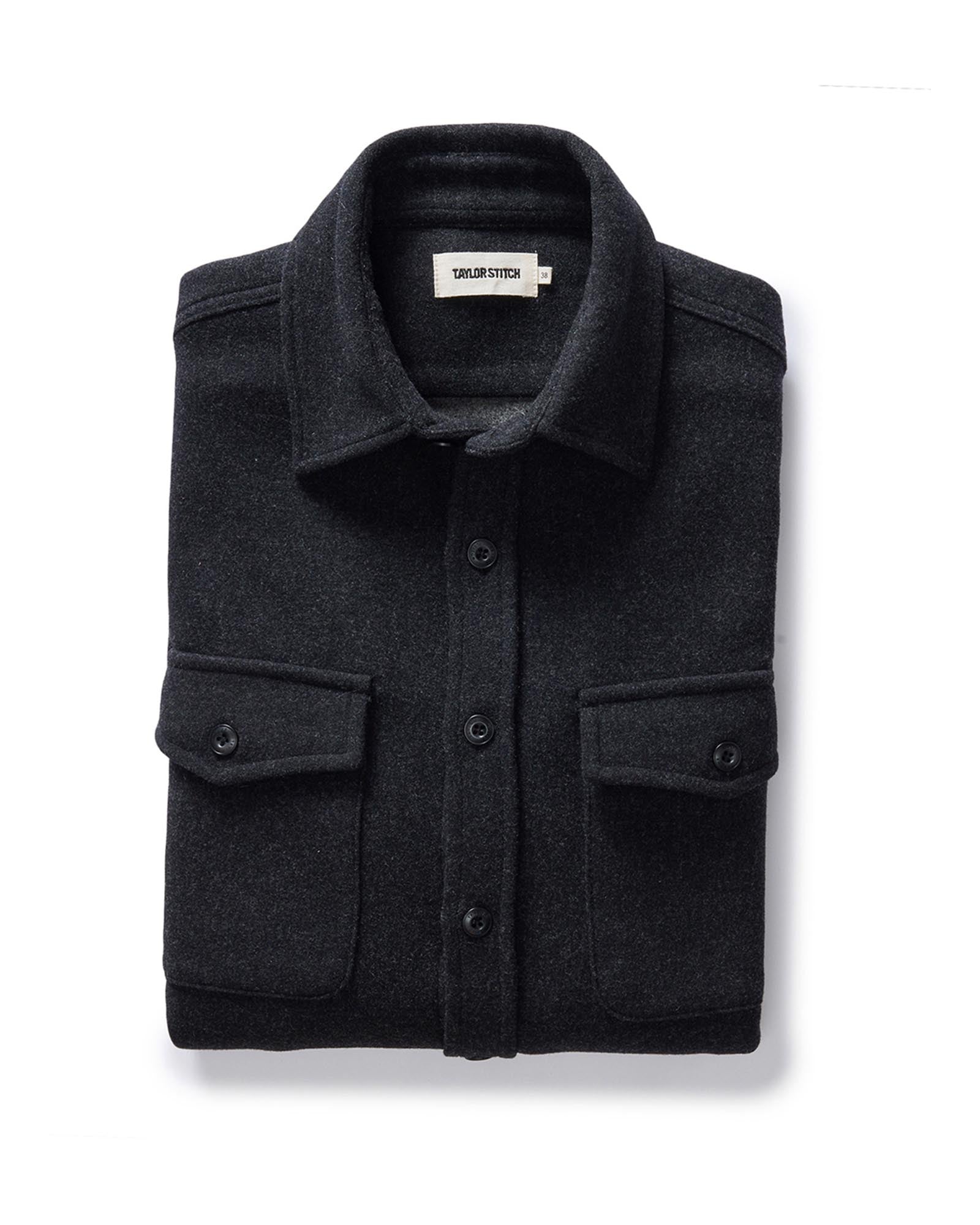 folded flatlay of The Maritime Shirt Jacket in Heather Charcoal, Wovens by Taylor Stitch