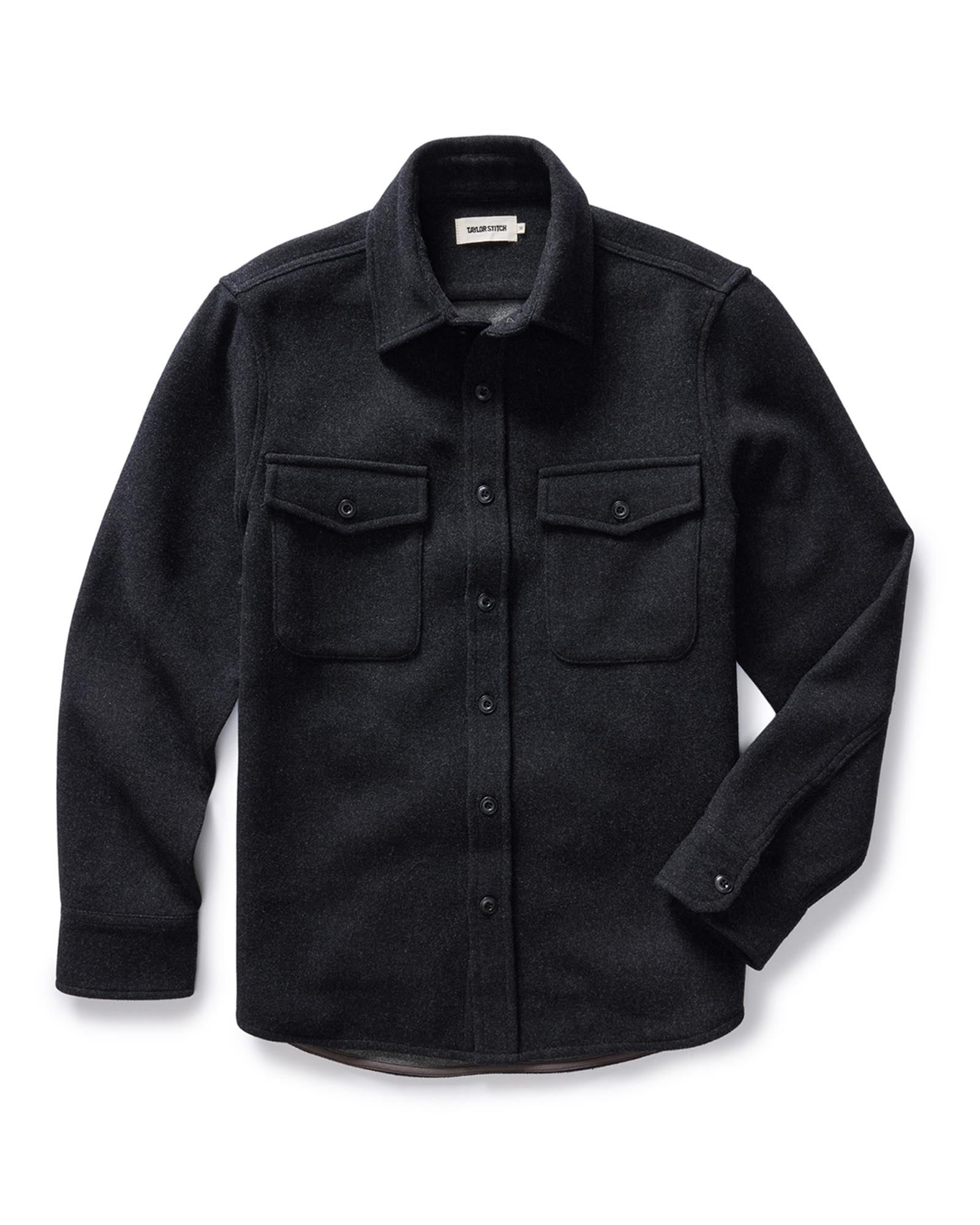 flatlay of The Maritime Shirt Jacket in Heather Charcoal, Wovens by Taylor Stitch