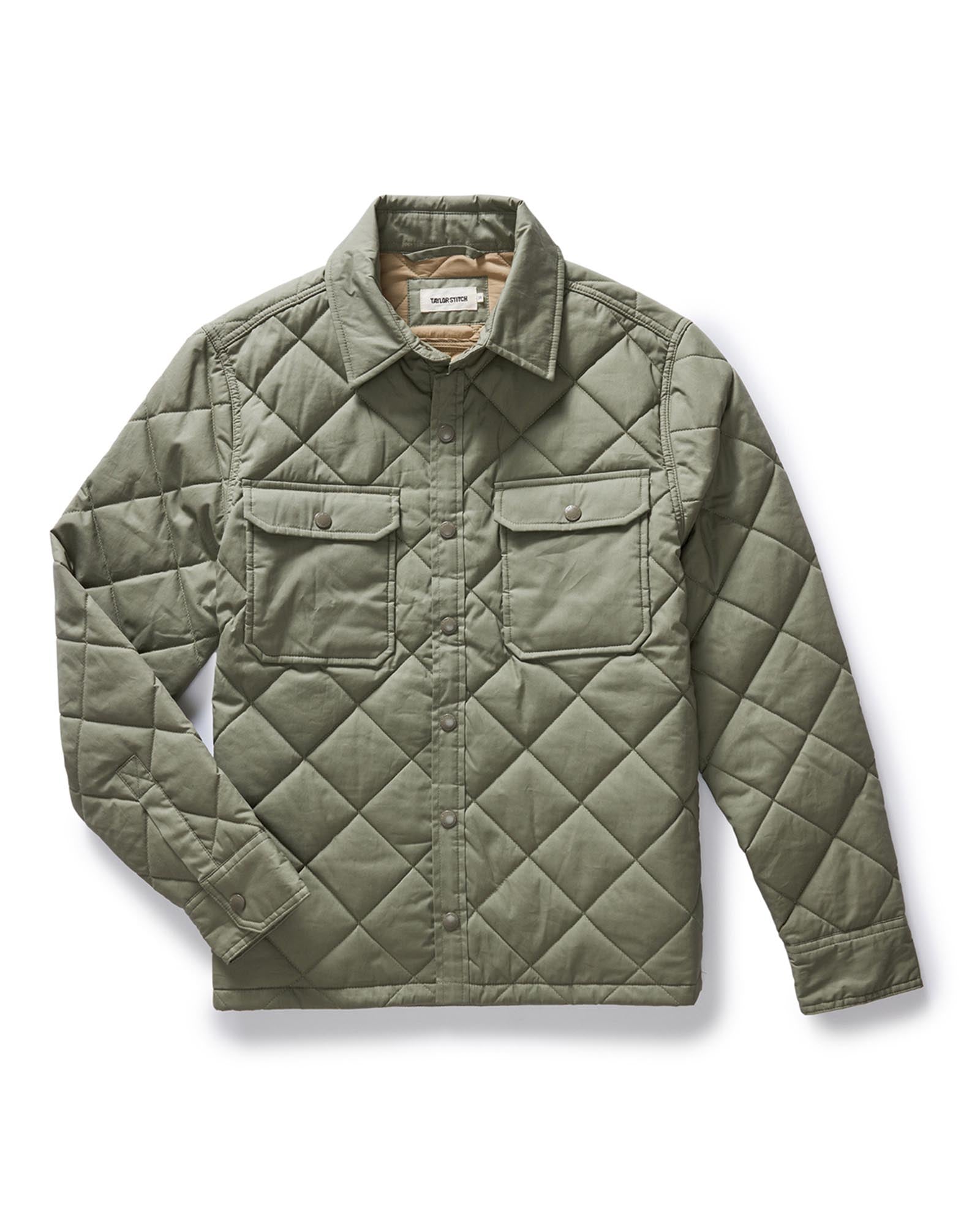 flatlay of The Miller Shirt Jacket in Smoked Olive Dry Wax, Outerwear by Taylor Stitch
