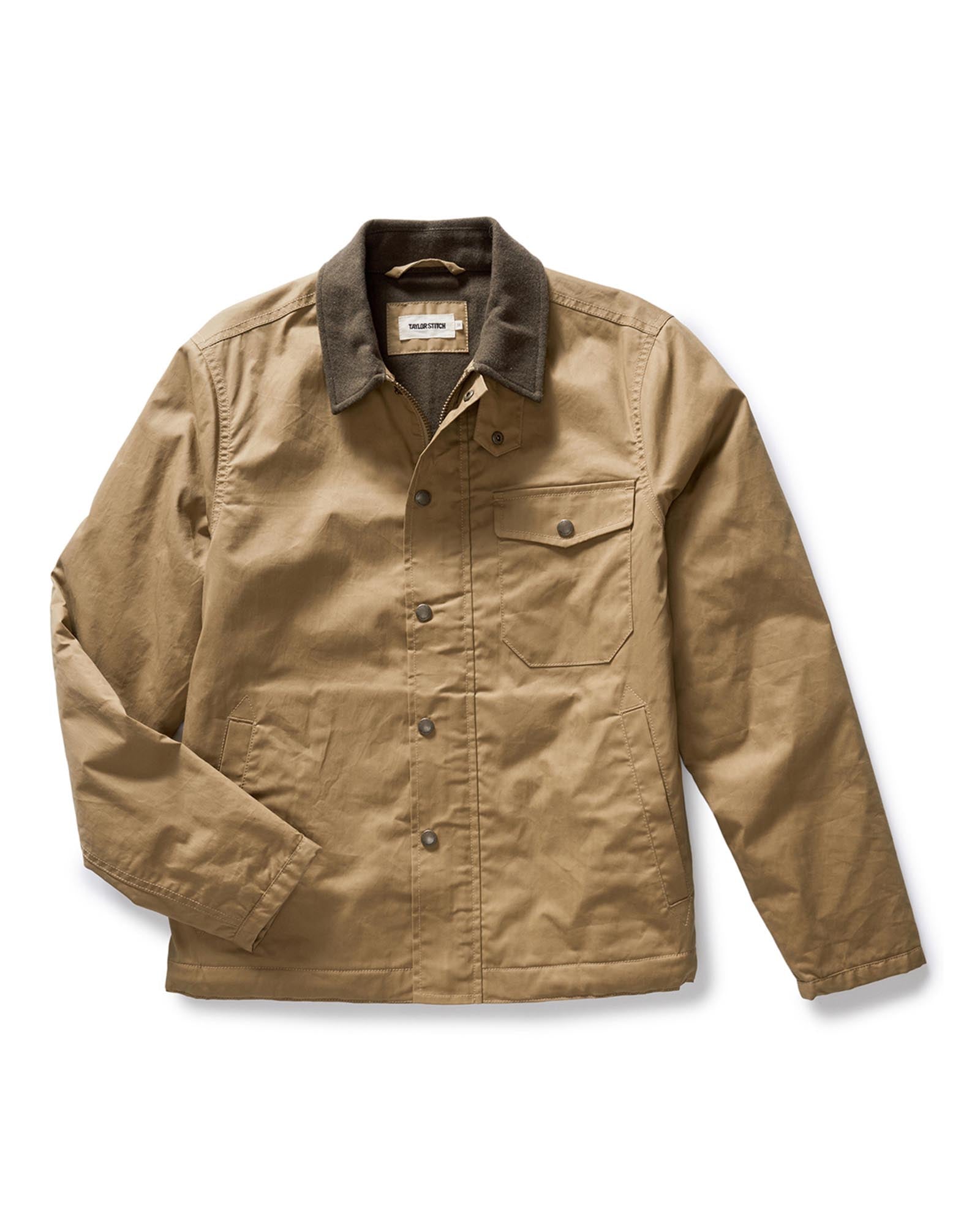 flatlay of The Deck Waxed Canvas Jacket in Khaki Dry Wax, Outerwear by Taylor Stitch