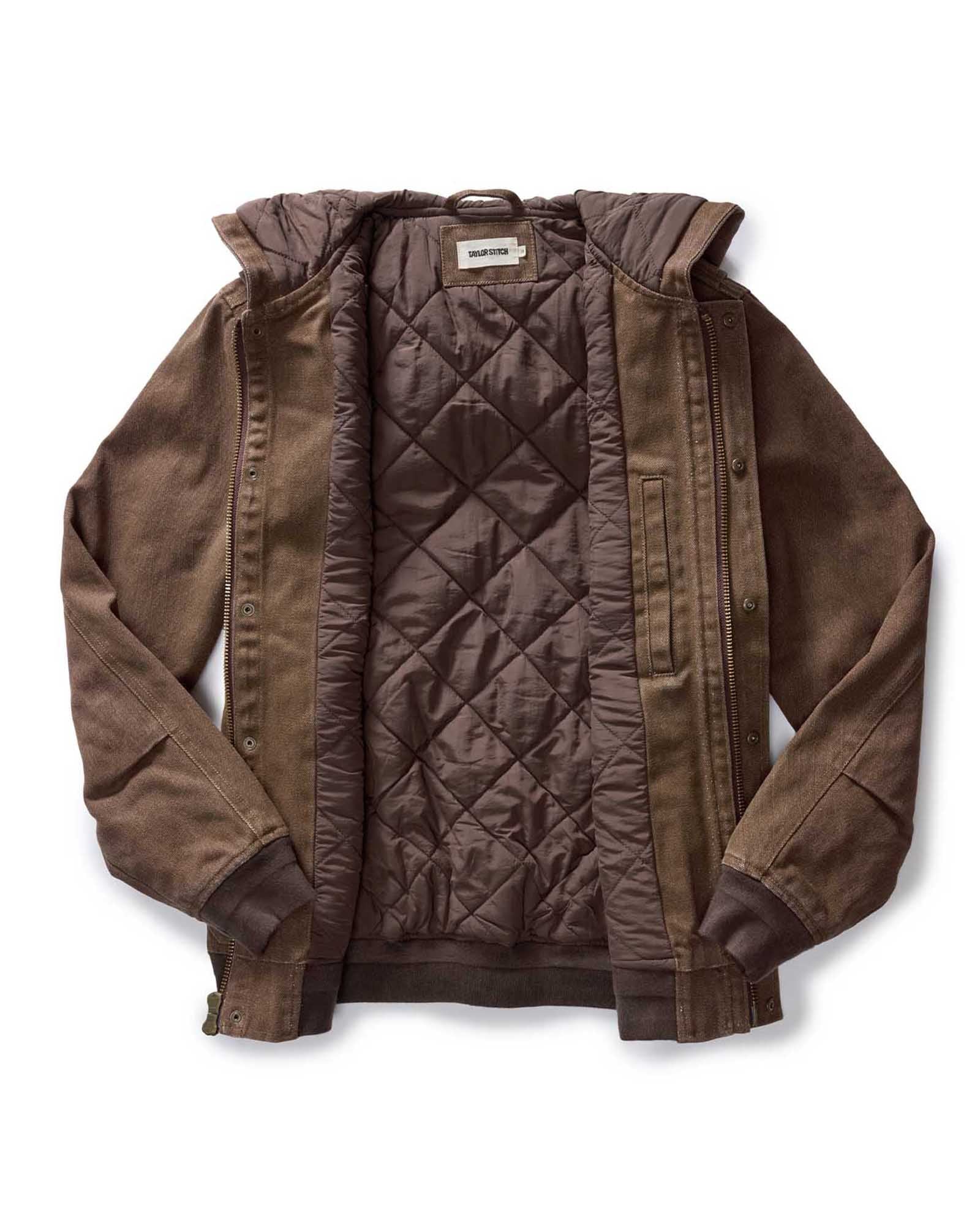 flatlay of the inside of The Workhorse Hoodie in Aged Penny Chipped Canvas, Outerwear by Taylor Stitch