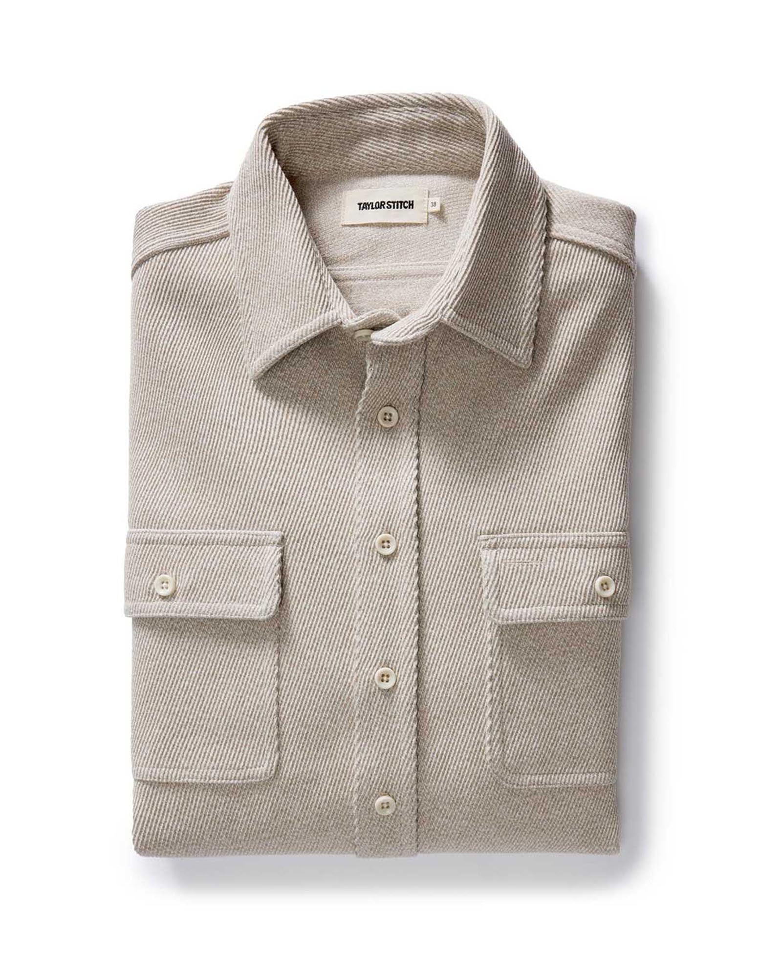 folded flatlay of The Ledge Shirt in Flax Twill, Wovens by Taylor Stitch