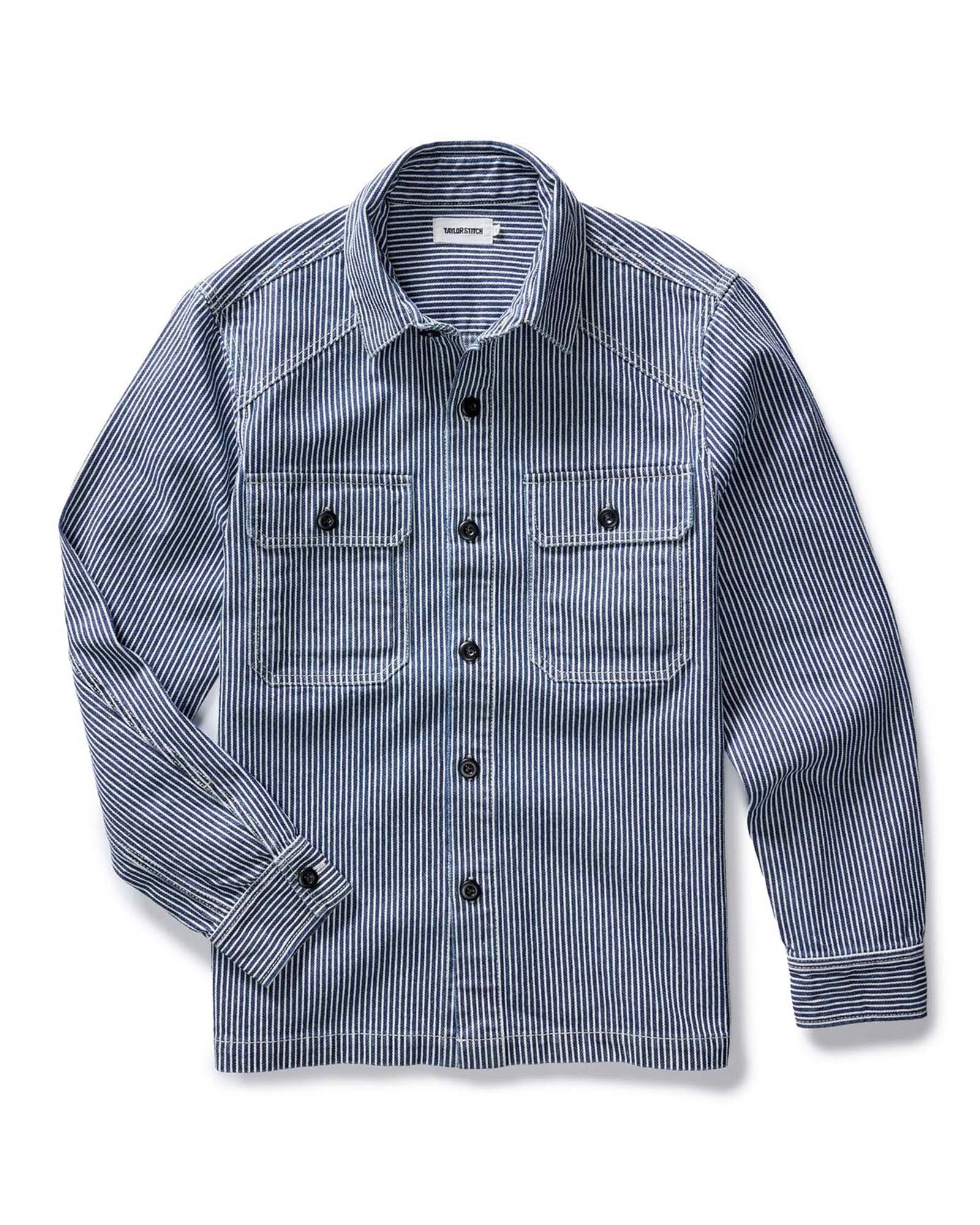 flatlay of The Shop Shirt in Rinsed Indigo Selvedge, Wovens by Taylor Stitch