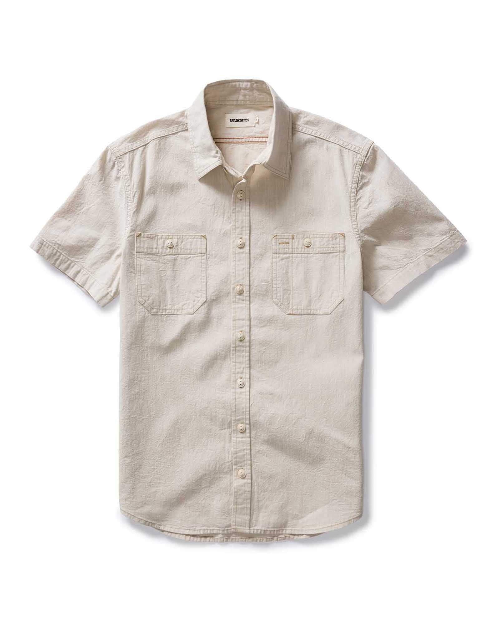 flatlay of The Short Sleeve Utility Shirt in Natural Selvedge Chambray, Wovens by Taylor Stitch