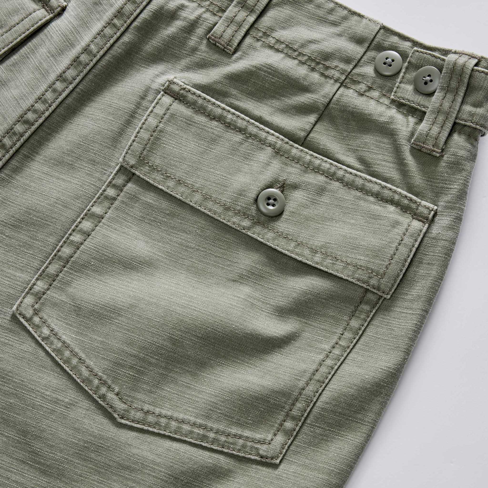 material shot of the pockets on The Surplus Short in Field Olive Reverse Sateen, Bottoms by Taylor Stitch