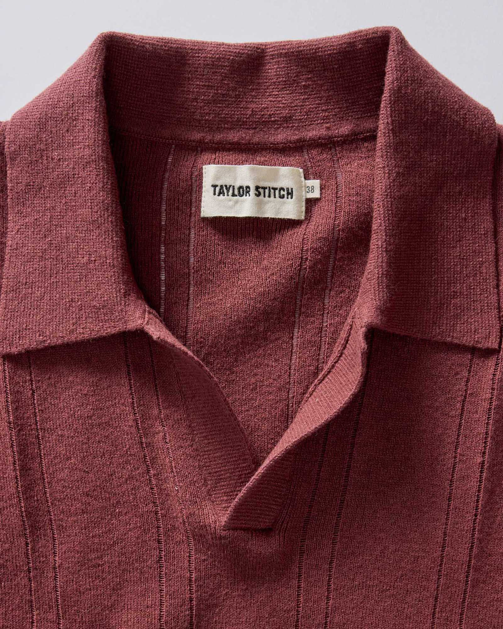 material shot of the collar on The Valencia Sweater Polo in Dried Cherry Rib, Knits by Taylor Stitch