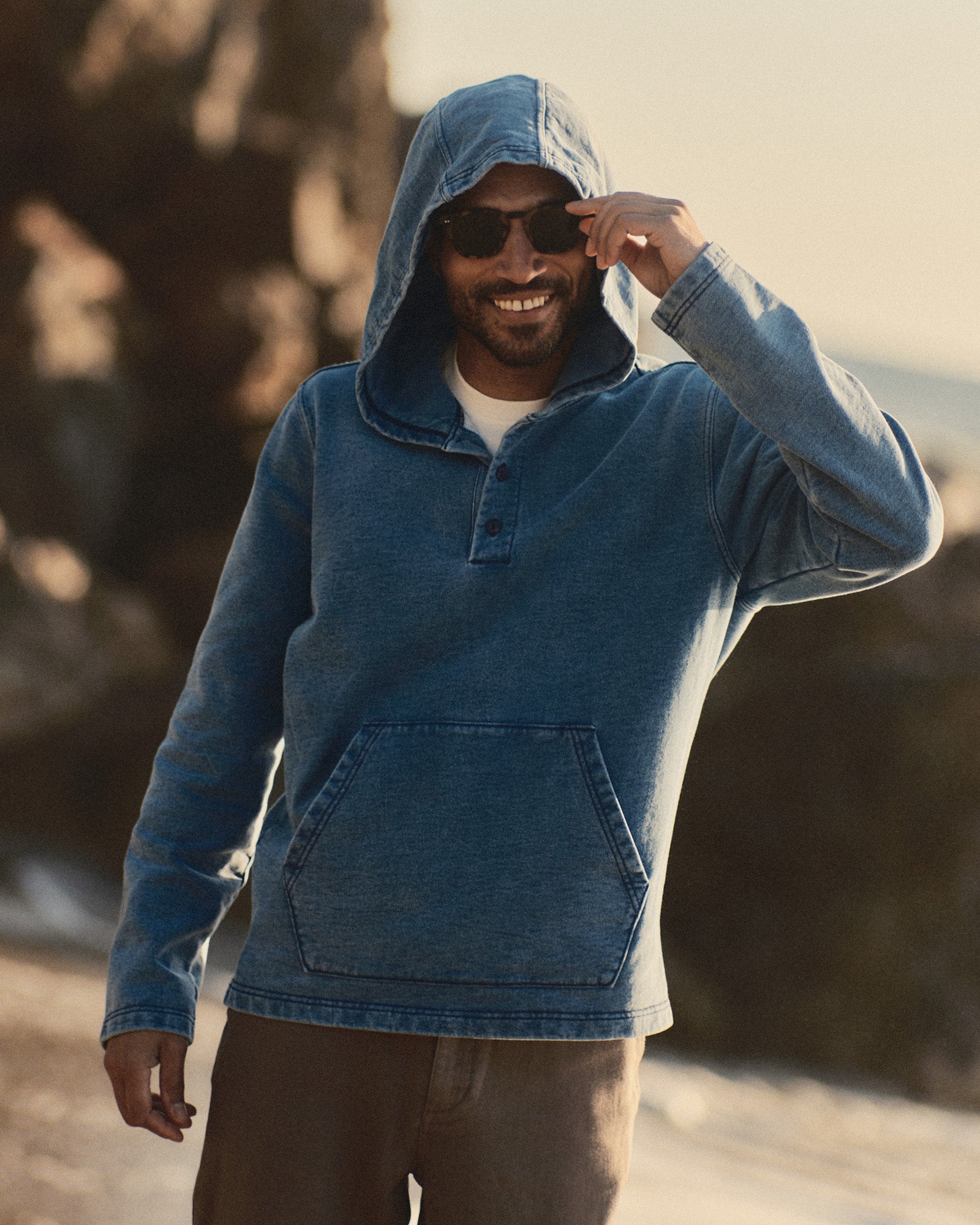 fit model showing off The Baja Pullover in Washed Indigo Terry, Knits by Taylor Stitch