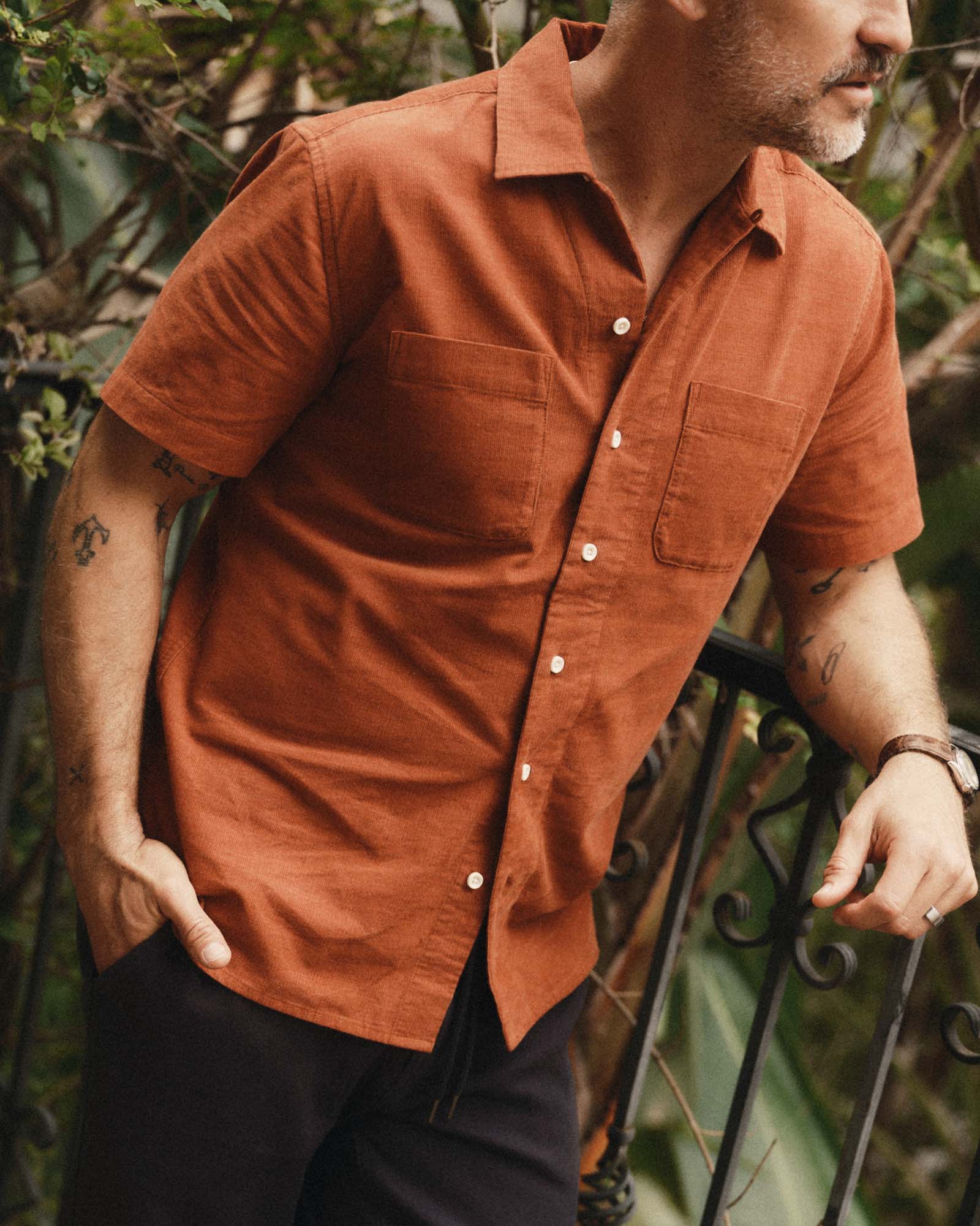 fit model posing in The Conrad Shirt in Heather Chili Pincord, Wovens by Taylor Stitch