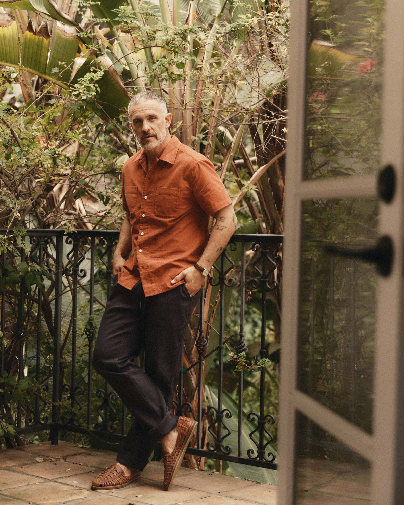 fit model wearing The Conrad Shirt in Heather Chili Pincord, Wovens by Taylor Stitch