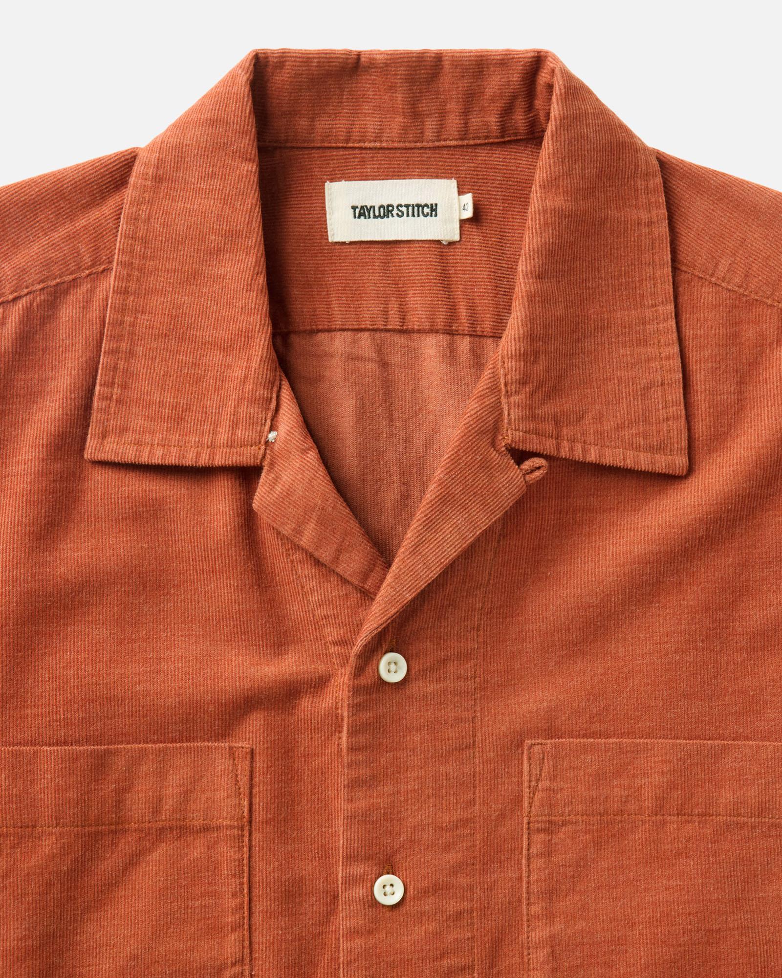 material shot of the collar on The Conrad Shirt in Heather Chili Pincord, Wovens by Taylor Stitch