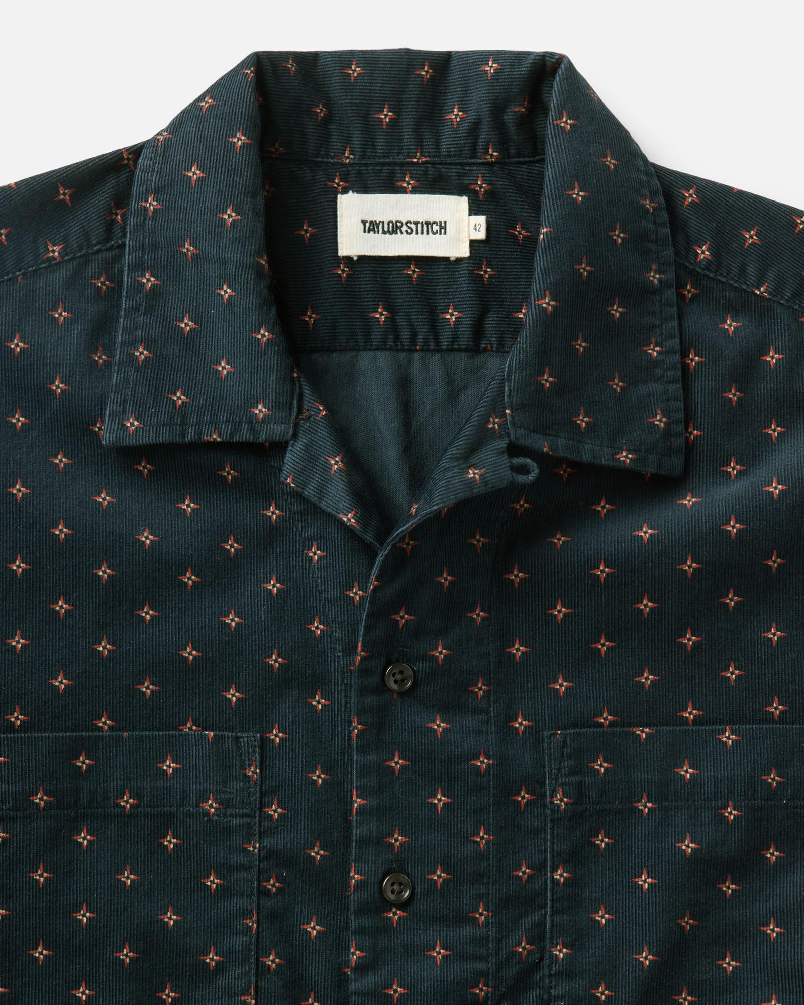 material shot of the collar on The Conrad Shirt in Navy Pigeon Foulard Pincord, Wovens by Taylor Stitch