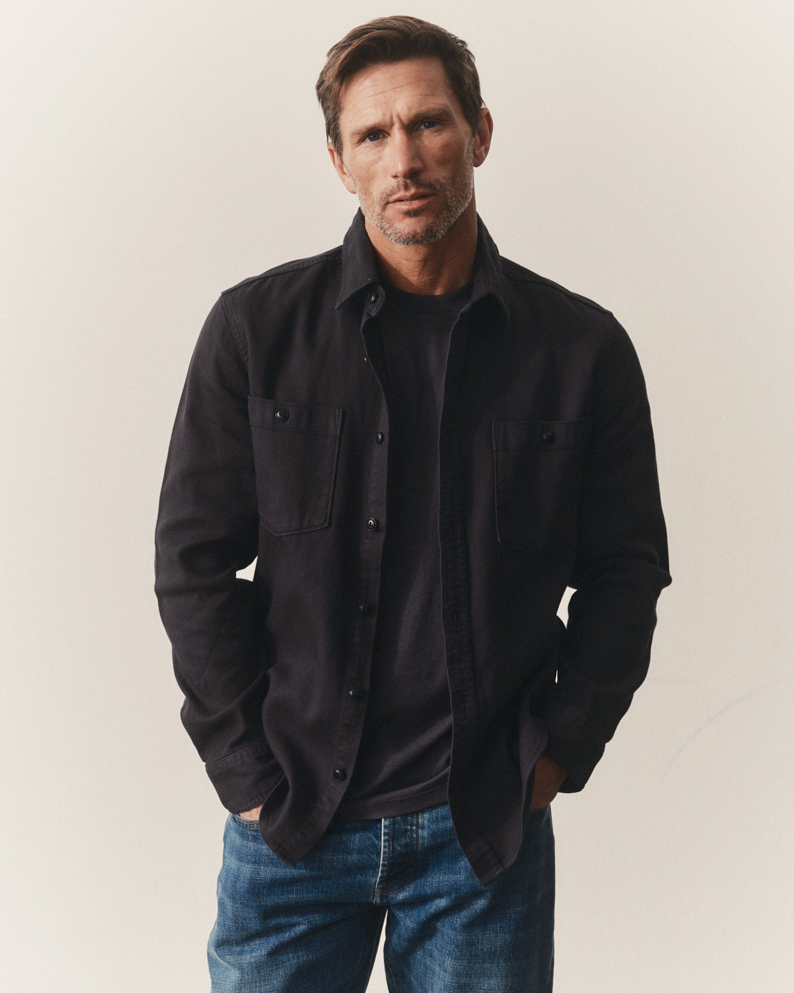 fit model showing off The Dispatch Shirt in Navy Broken Twill, Wovens by Taylor Stitch