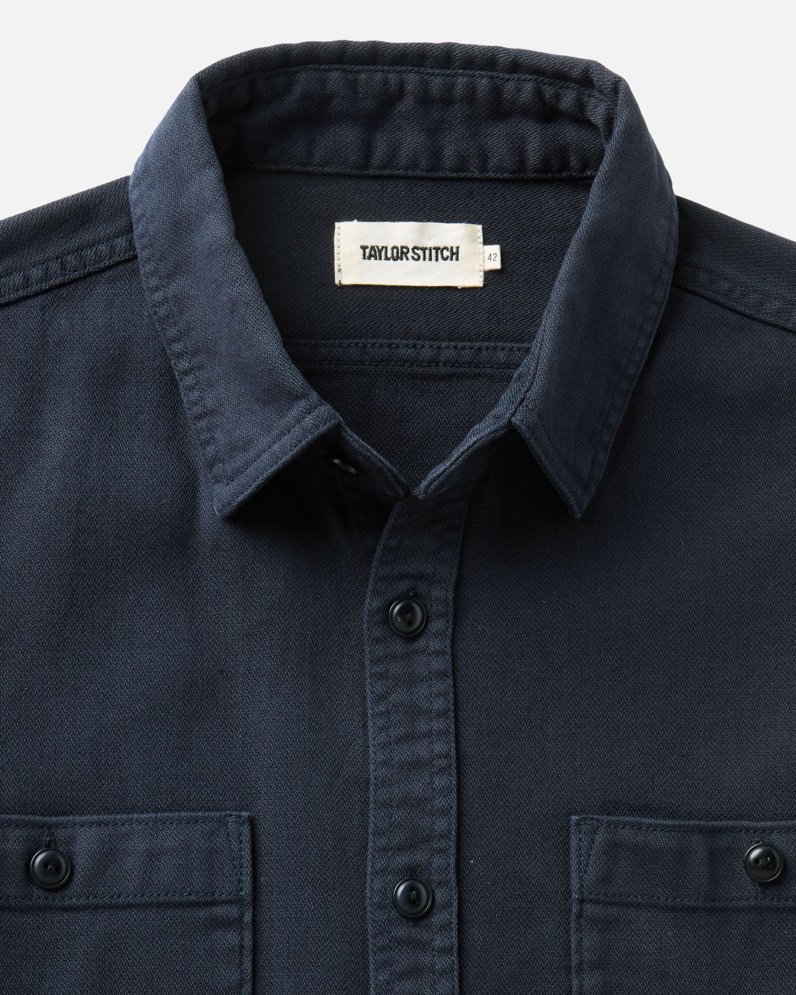 material shot of the collar on The Dispatch Shirt in Navy Broken Twill, Wovens by Taylor Stitch