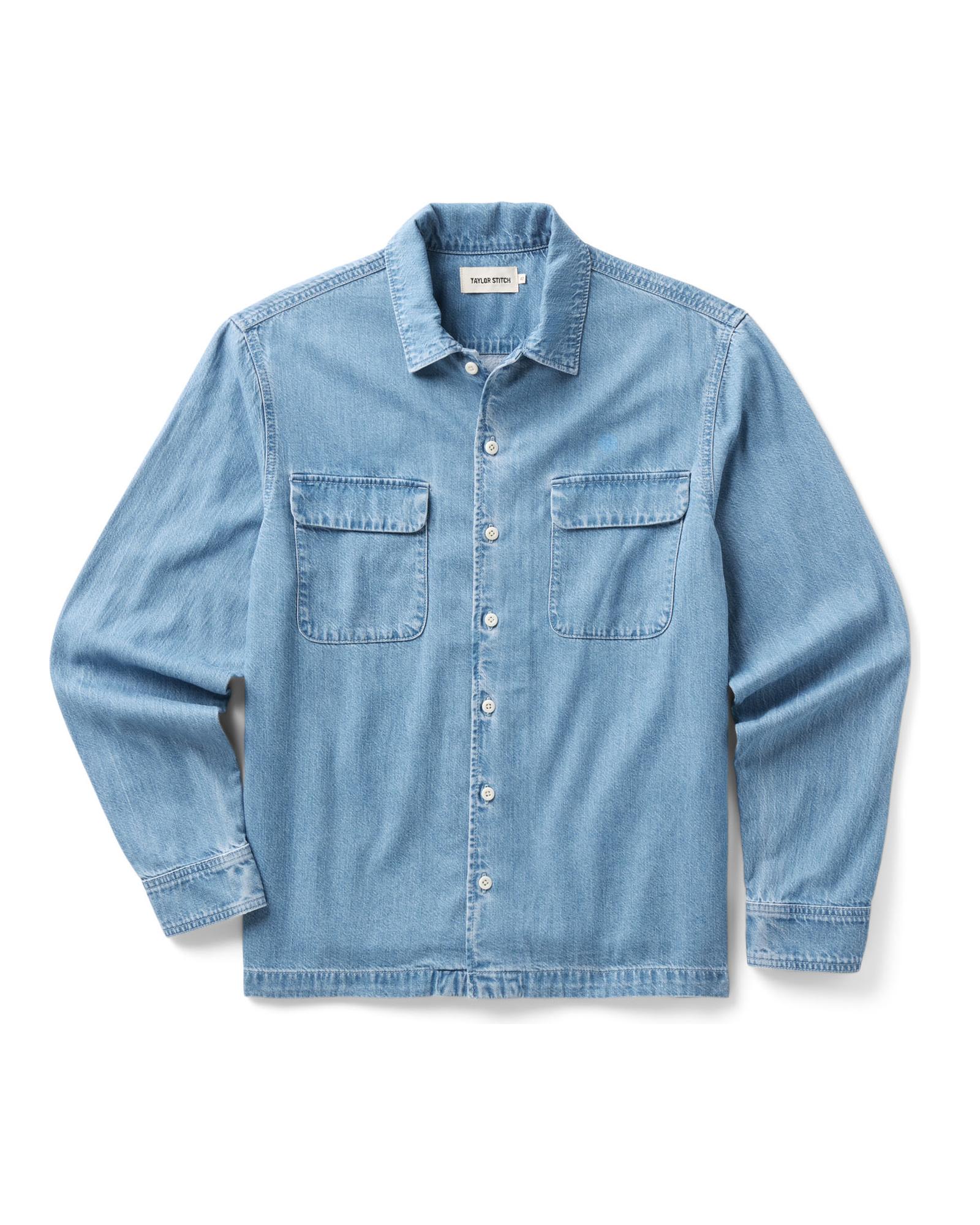 flatlay of The Shore Shirt in Washed Indigo Twill, Wovens by Taylor Stitch