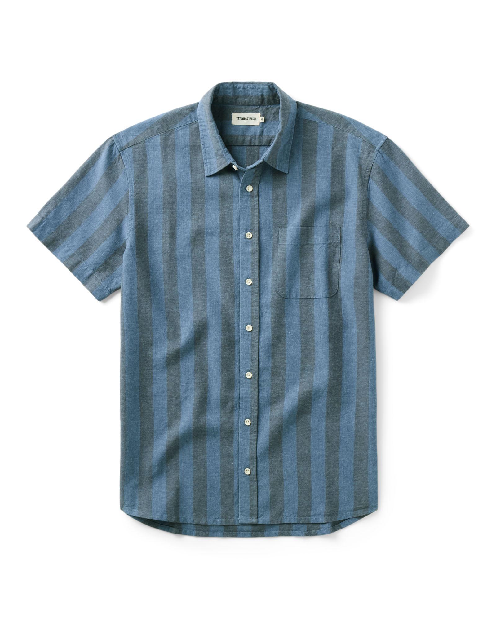 flatlay of The Short Sleeve California in Blue Stone Stripe Hemp, Wovens by Taylor Stitch