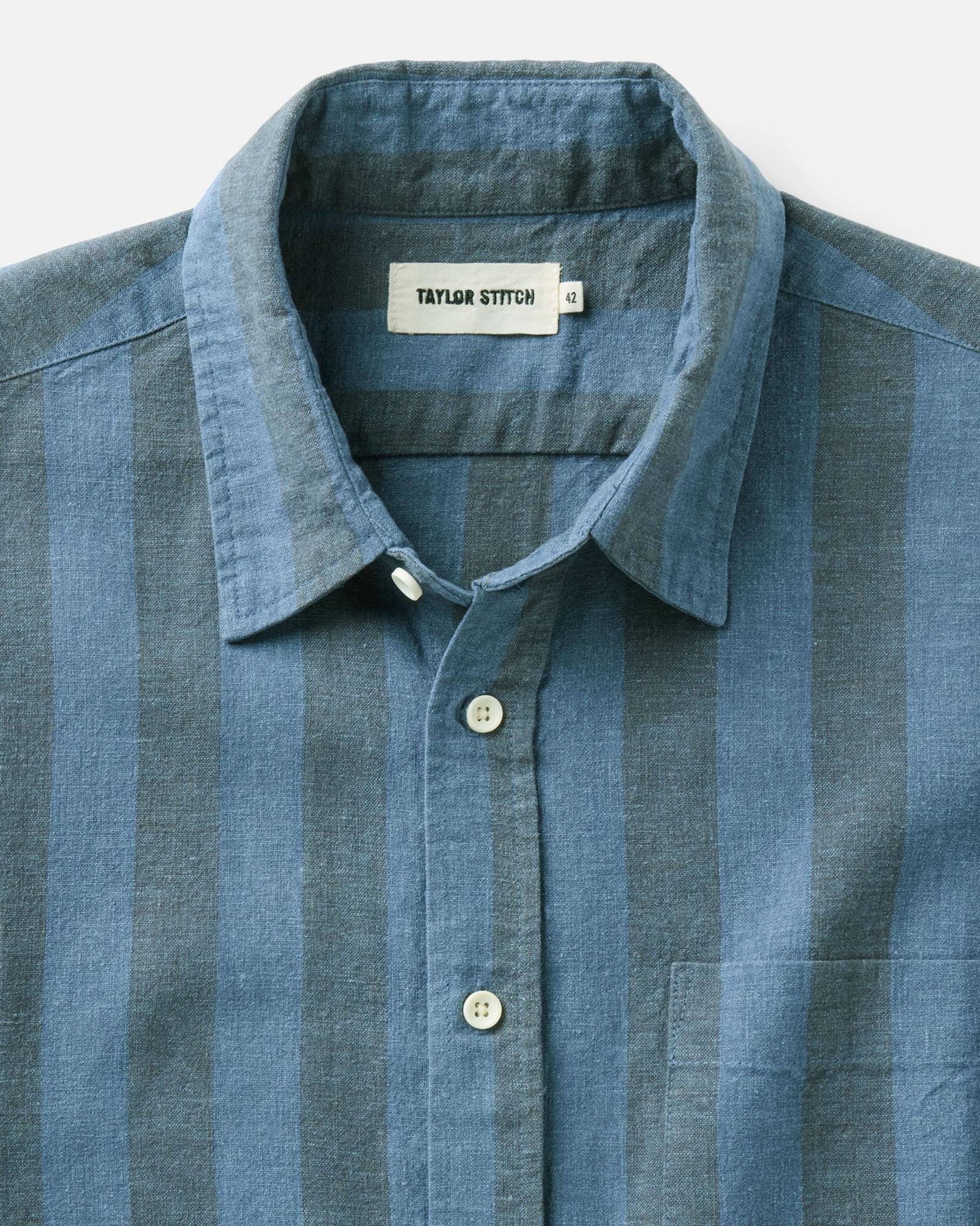 material shot of the collar on The Short Sleeve California in Blue Stone Stripe Hemp
, Wovens by Taylor Stitch