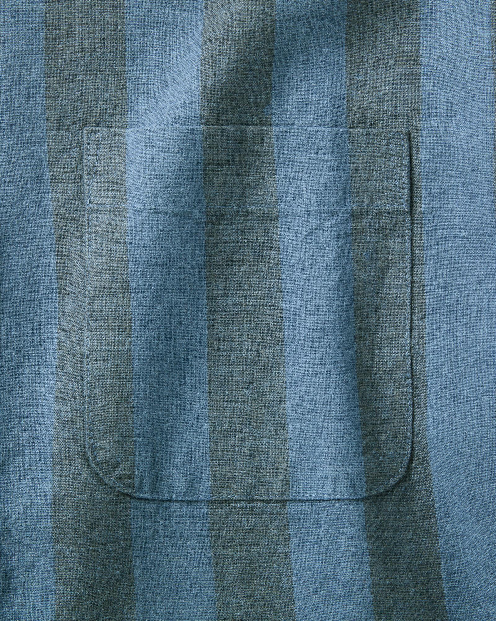 material shot of the pocket on The Short Sleeve California in Blue Stone Stripe Hemp, Wovens by Taylor Stitch