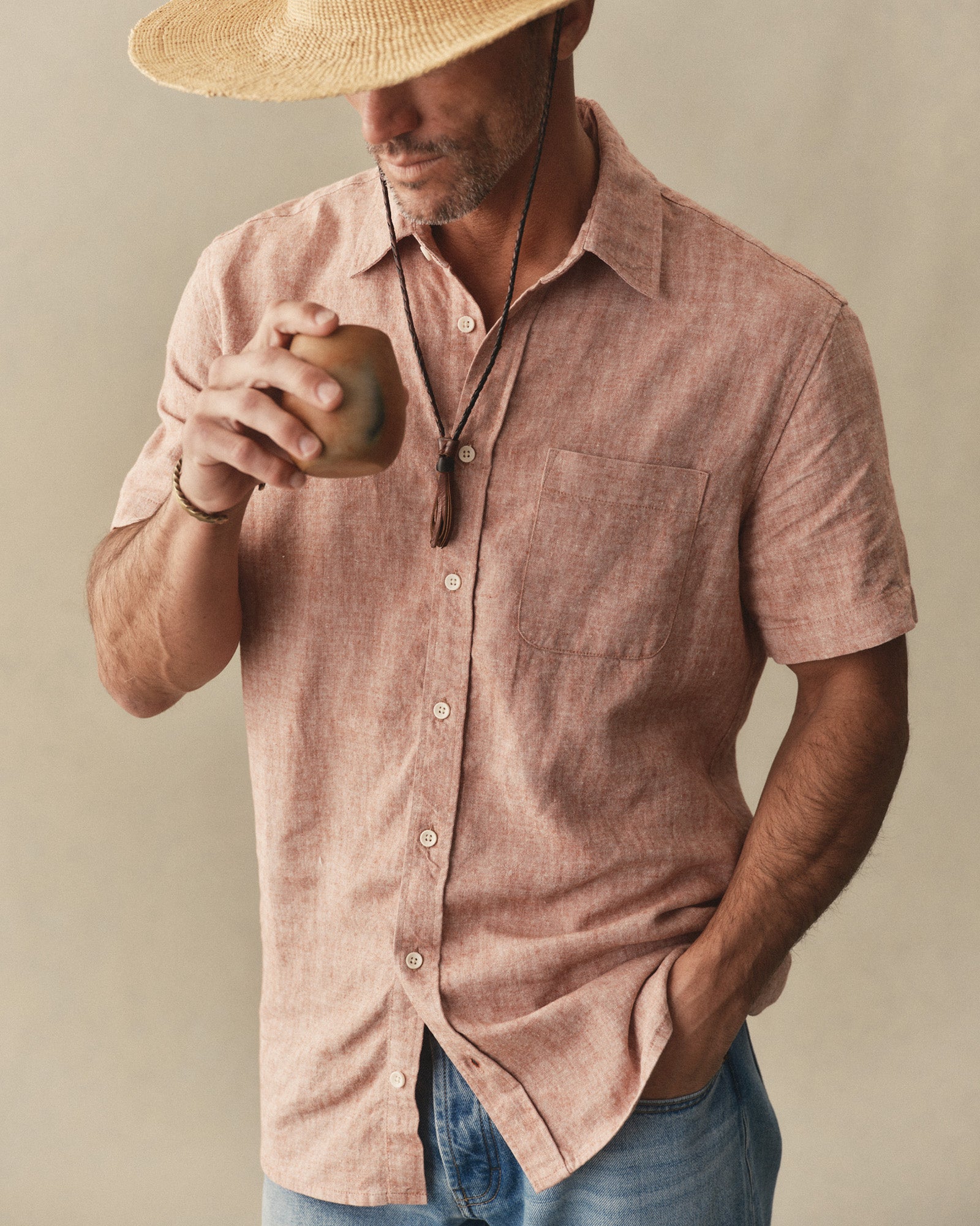 fit model showing off The Short Sleeve California in Desert Hemp, Wovens by Taylor Stitch