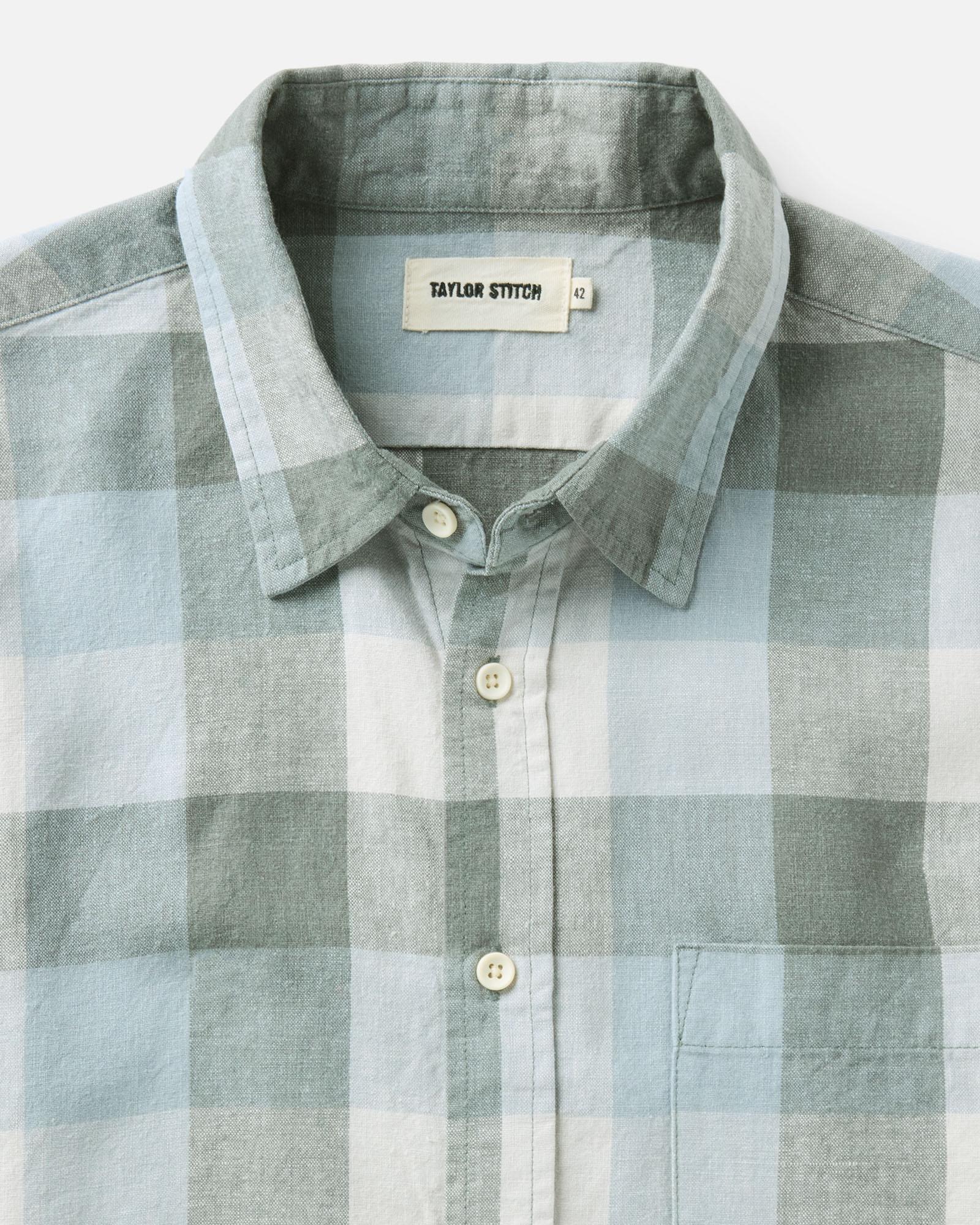material shot of the collar on The Short Sleeve California in Overcast Check Hemp, Wovens by Taylor Stitch
