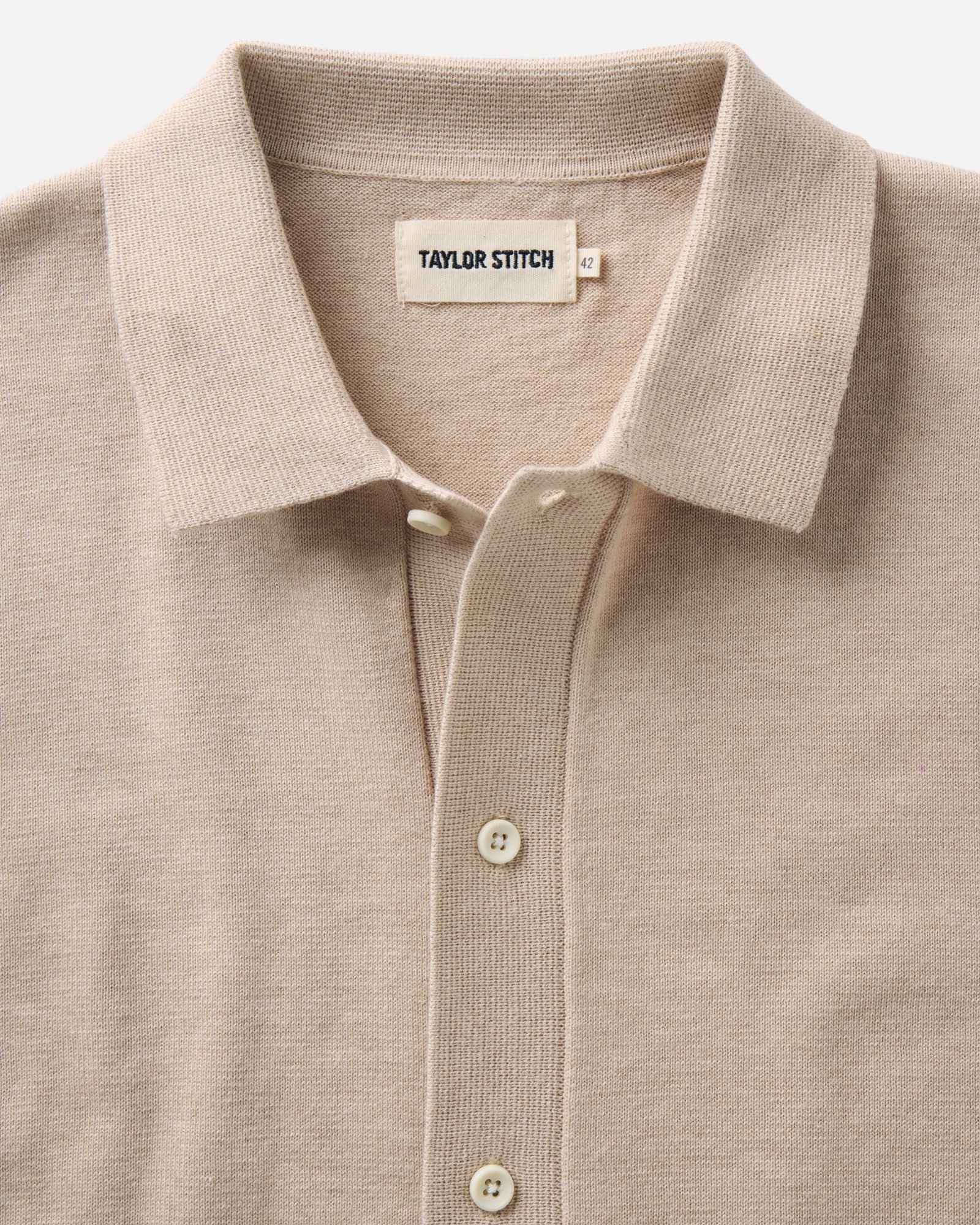 material shot of the collar on The Nichols Polo in Sable Cotton Cashmere, Knits by Taylor Stitch