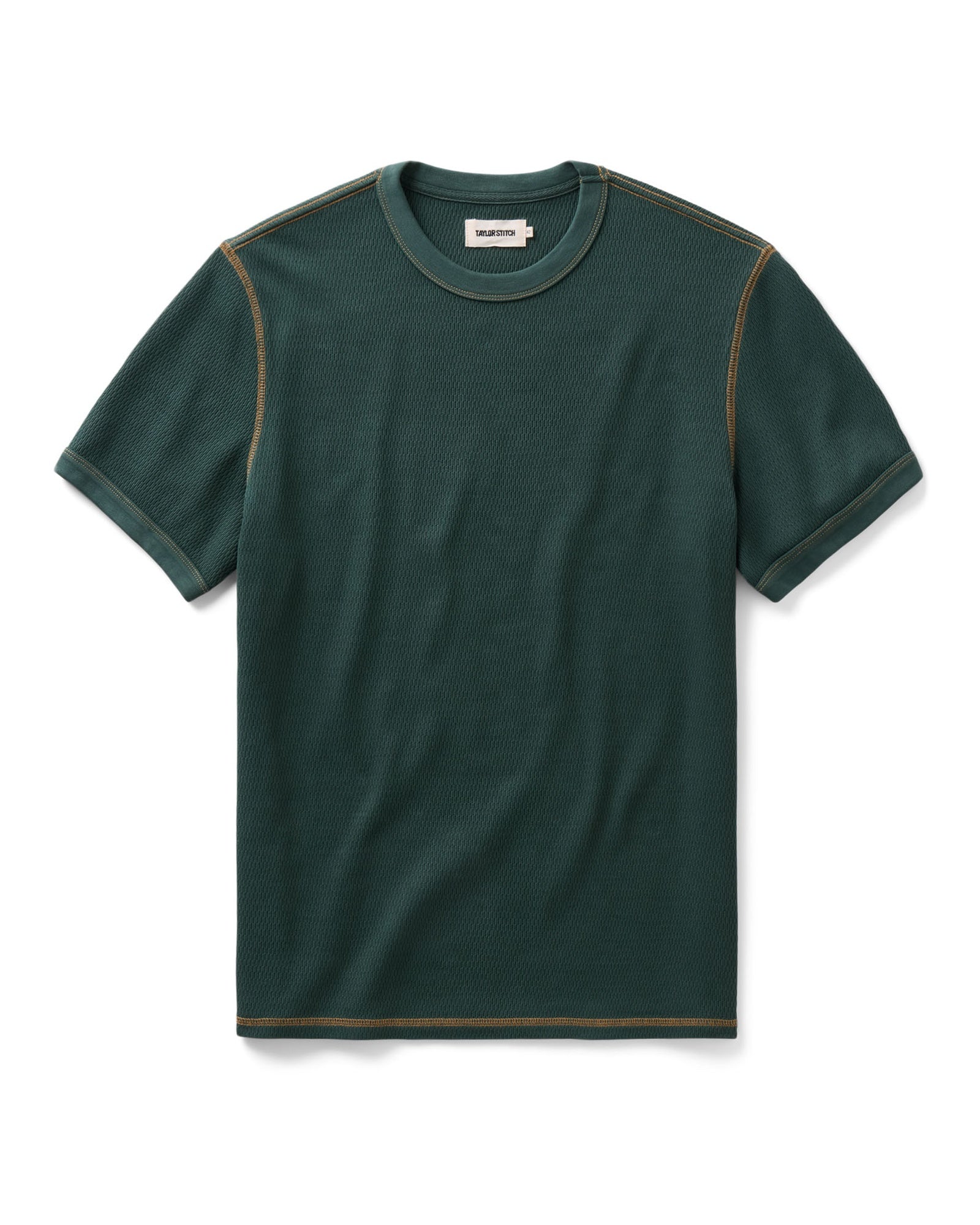 flatlay of The Organic Cotton Short Sleeve Crew in Dark Forest Waffle, Knits by Taylor Stitch
