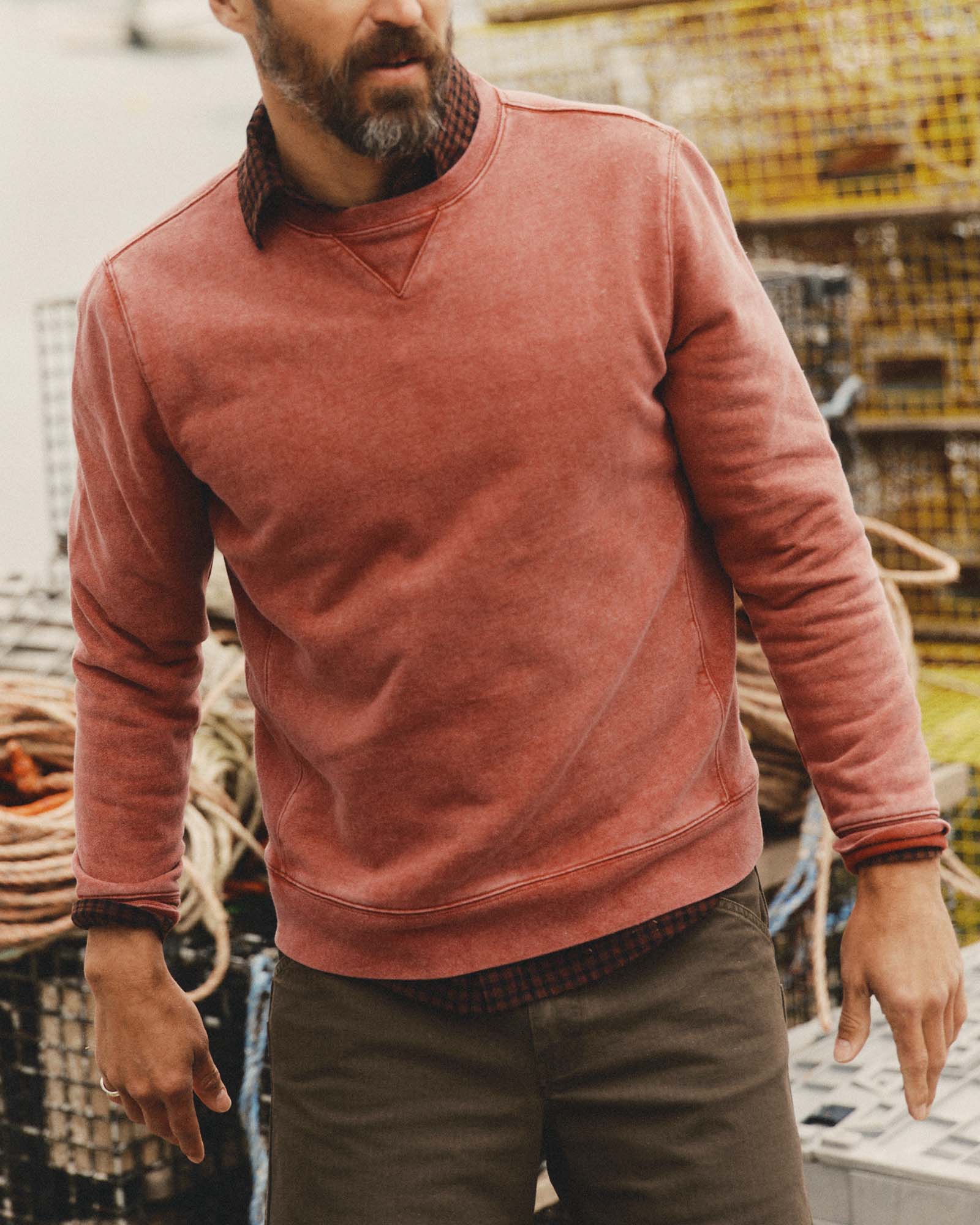 fit model showing off The Sunset Crew in Washed Canyon Terry, Knits by Taylor Stitch