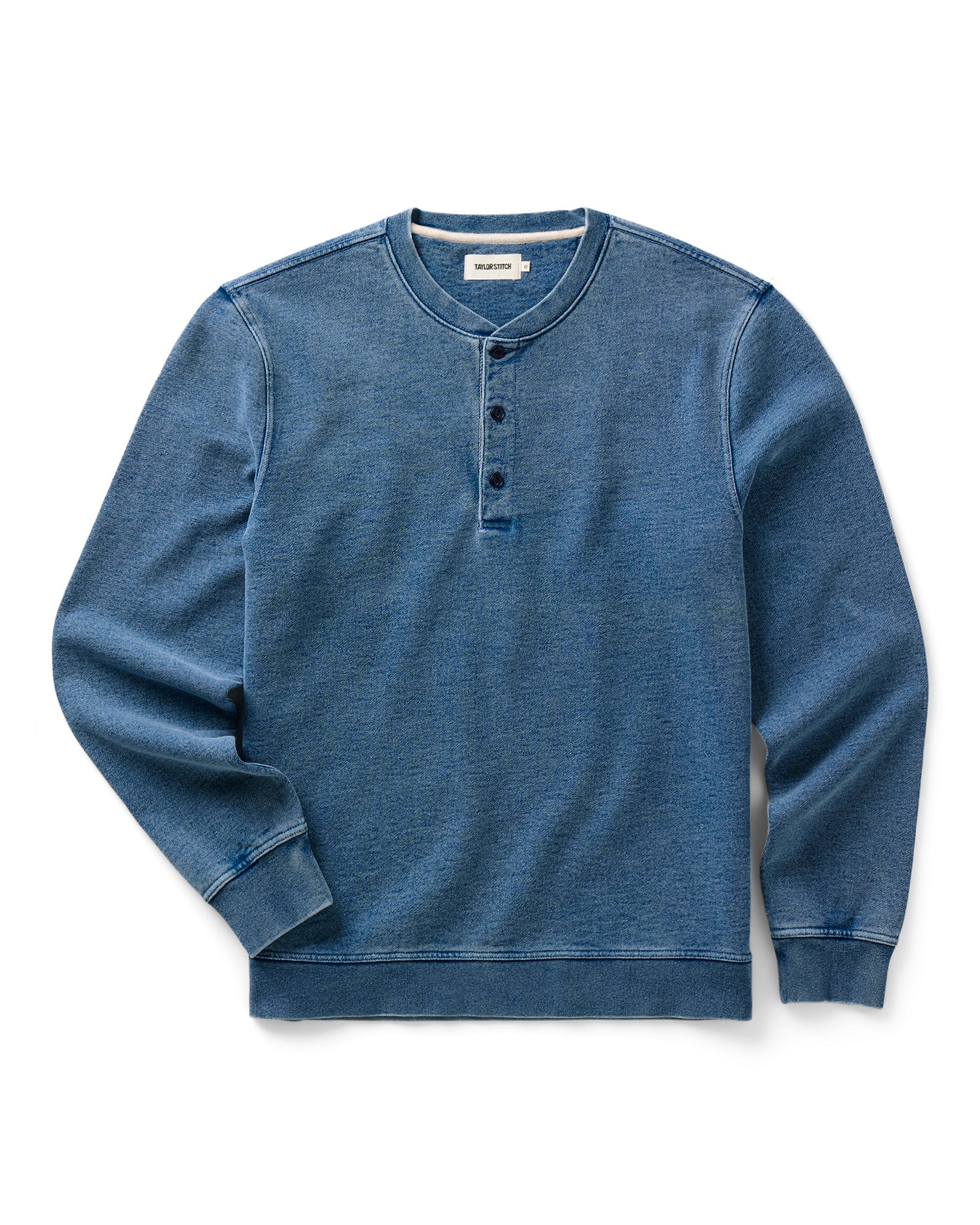 flatlay of The Sunset Henley in Washed Indigo Terry, Knits by Taylor Stitch