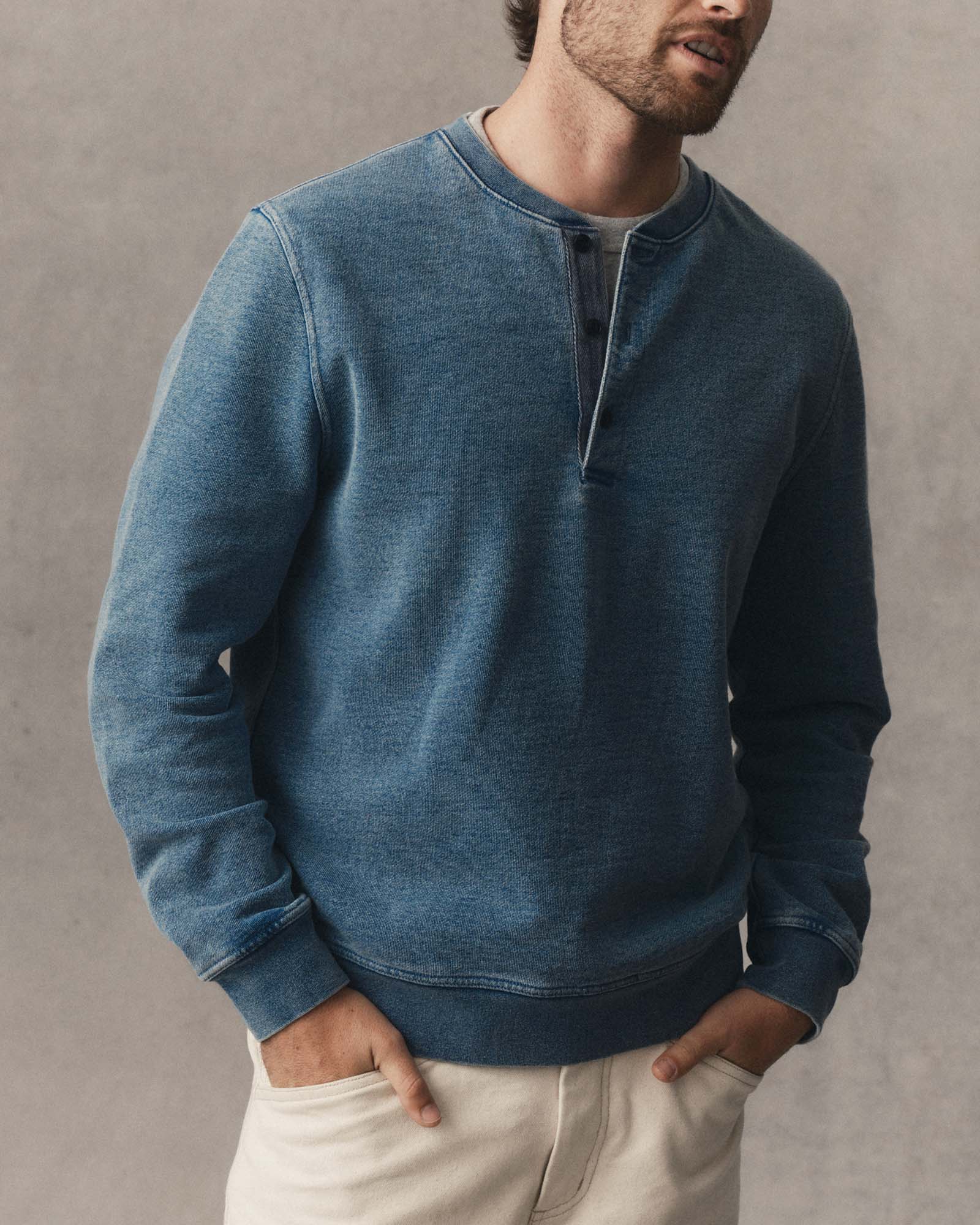 fit model showing off The Sunset Henley in Washed Indigo Terry, Knits by Taylor Stitch
