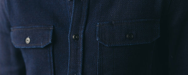 fit model showing off The Division Shirt in Rinsed Indigo Sashiko