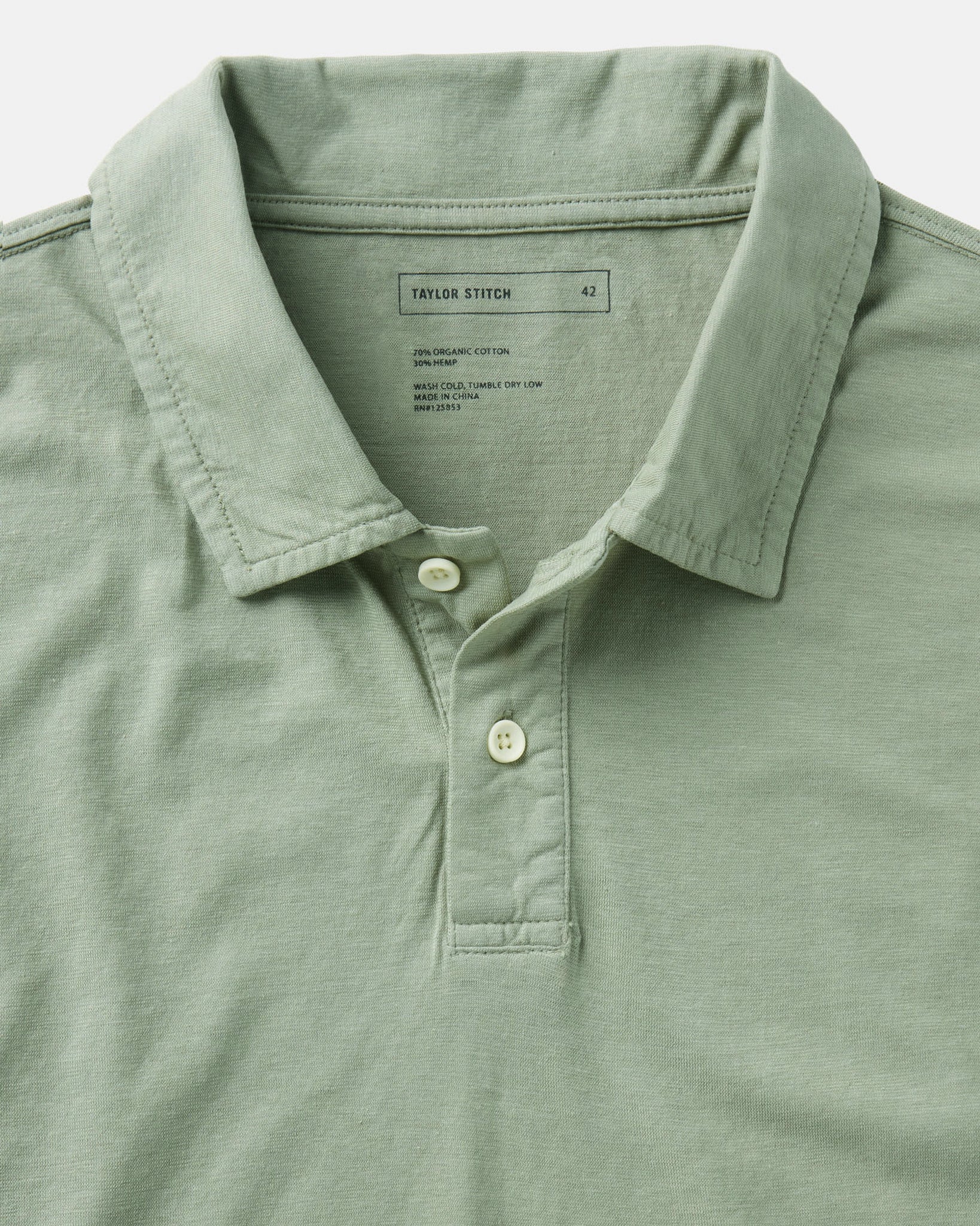 material shot of the collar on The Cotton Hemp Polo in Sage, Knits by Taylor Stitch