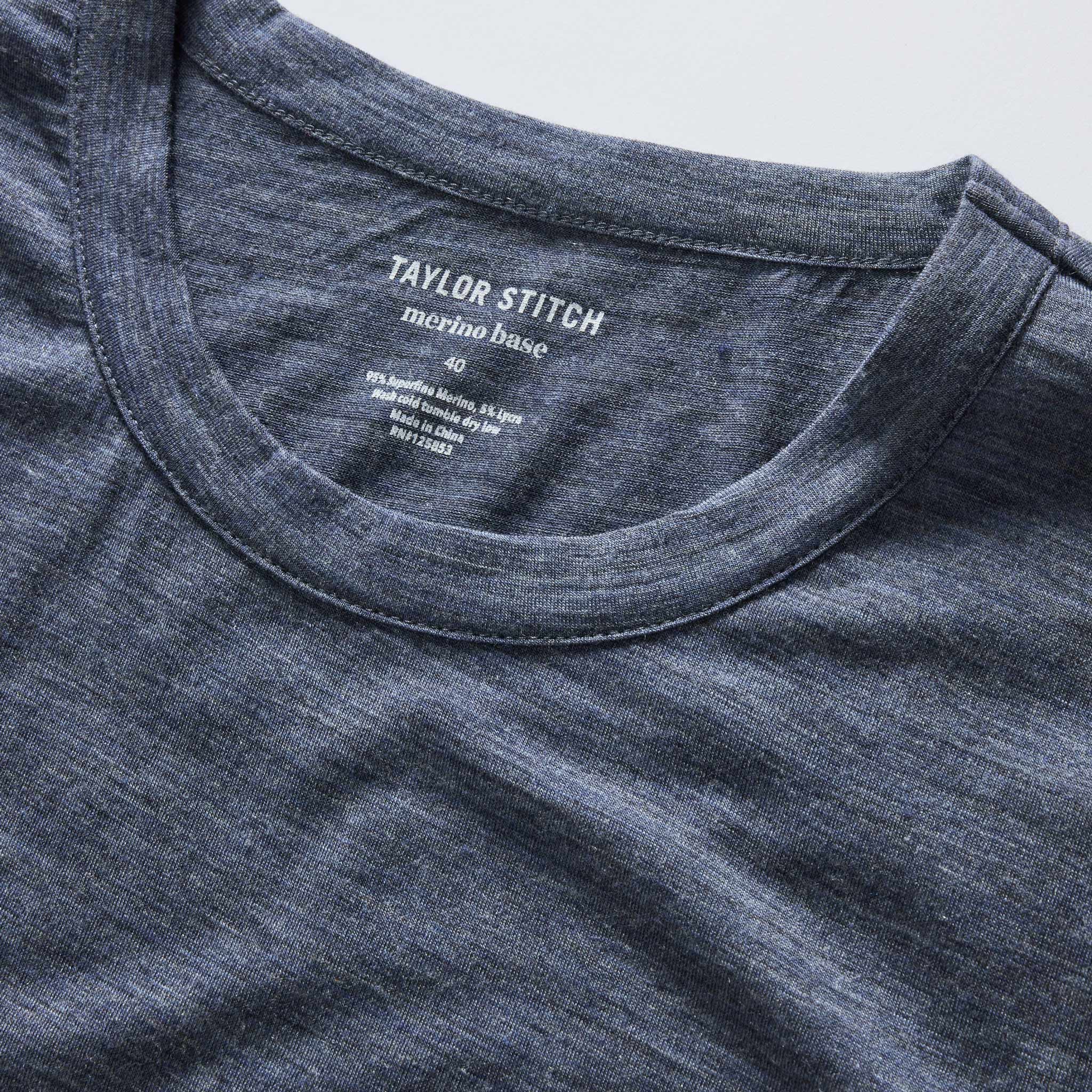 material shot of the collar on The Merino Tee in Heather Navy, Knits by Taylor Stitch
