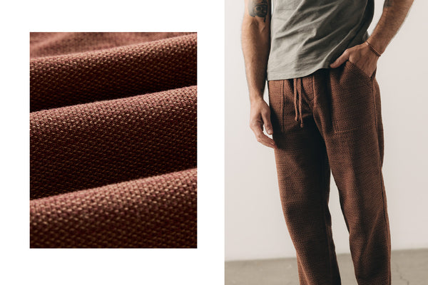 fit model showing off The Breakwater Pant in Black Cherry Sashiko