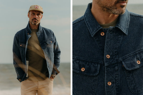 fit model wearing the Long Haul Trucker Jacket in Rinsed Indigo Waffle, over a tee