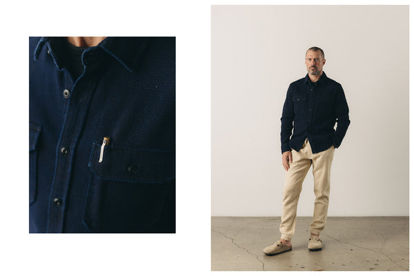 fit model showing off The Division Shirt in Rinsed Indigo Sashiko