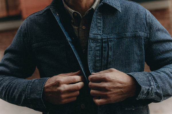 fit model showing off The Ryder Jacket in Rinsed Indigo Sashiko