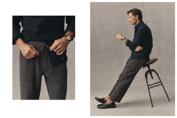 fit model sitting wearing The Breakwater Pant in Charcoal Sashiko
